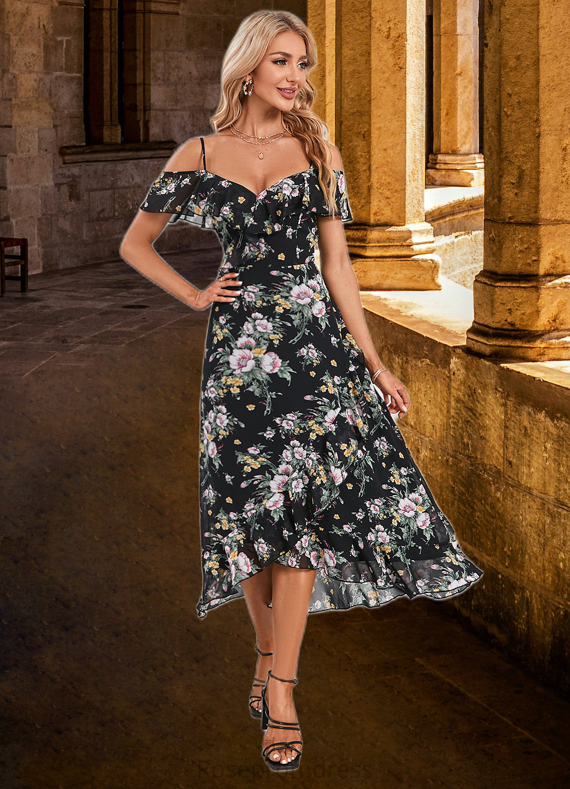 Melany Floral Print Cold Shoulder Elegant A-line Chiffon Asymmetrical Dresses SRSP0022369