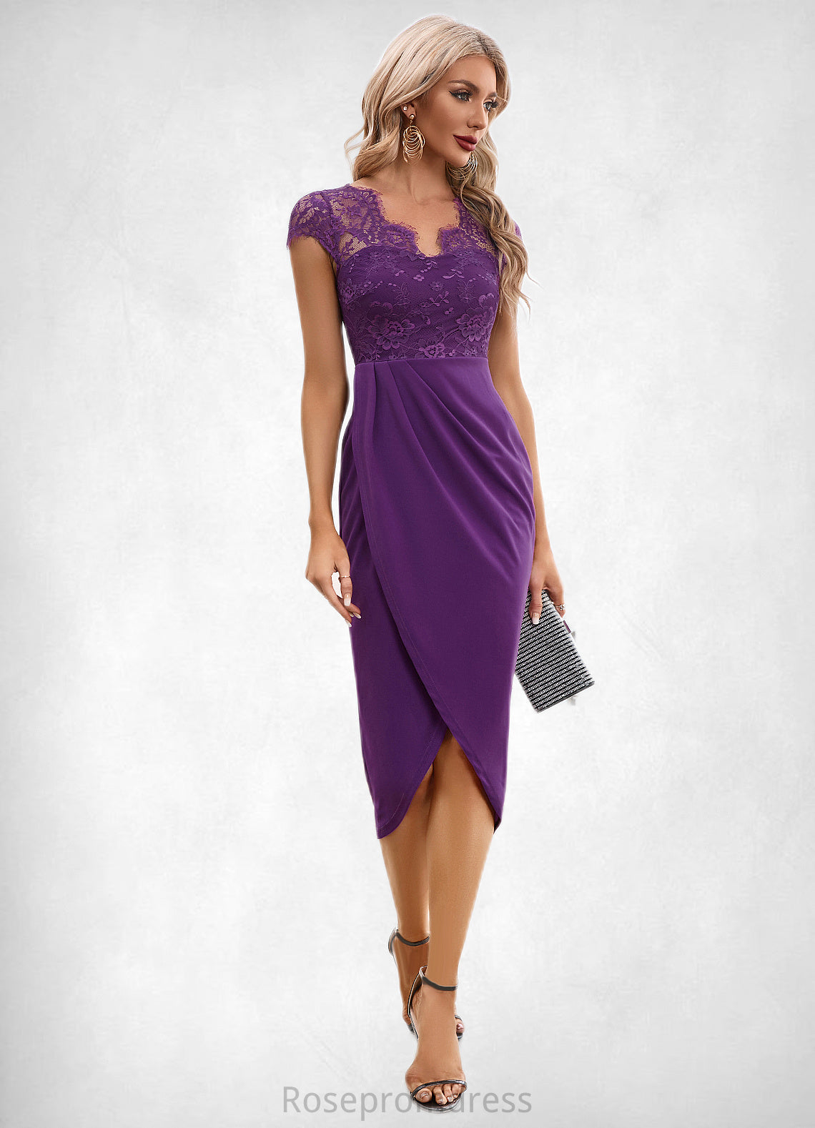 Lucinda Pleated V-Neck Elegant Sheath/Column Polyester Asymmetrical Dresses SRSP0022391