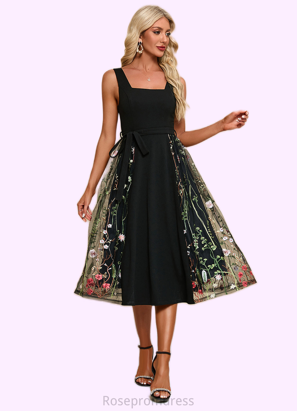 Delilah Flower Jacquard Square Elegant A-line Polyester Tulle Midi Dresses SRSP0022392