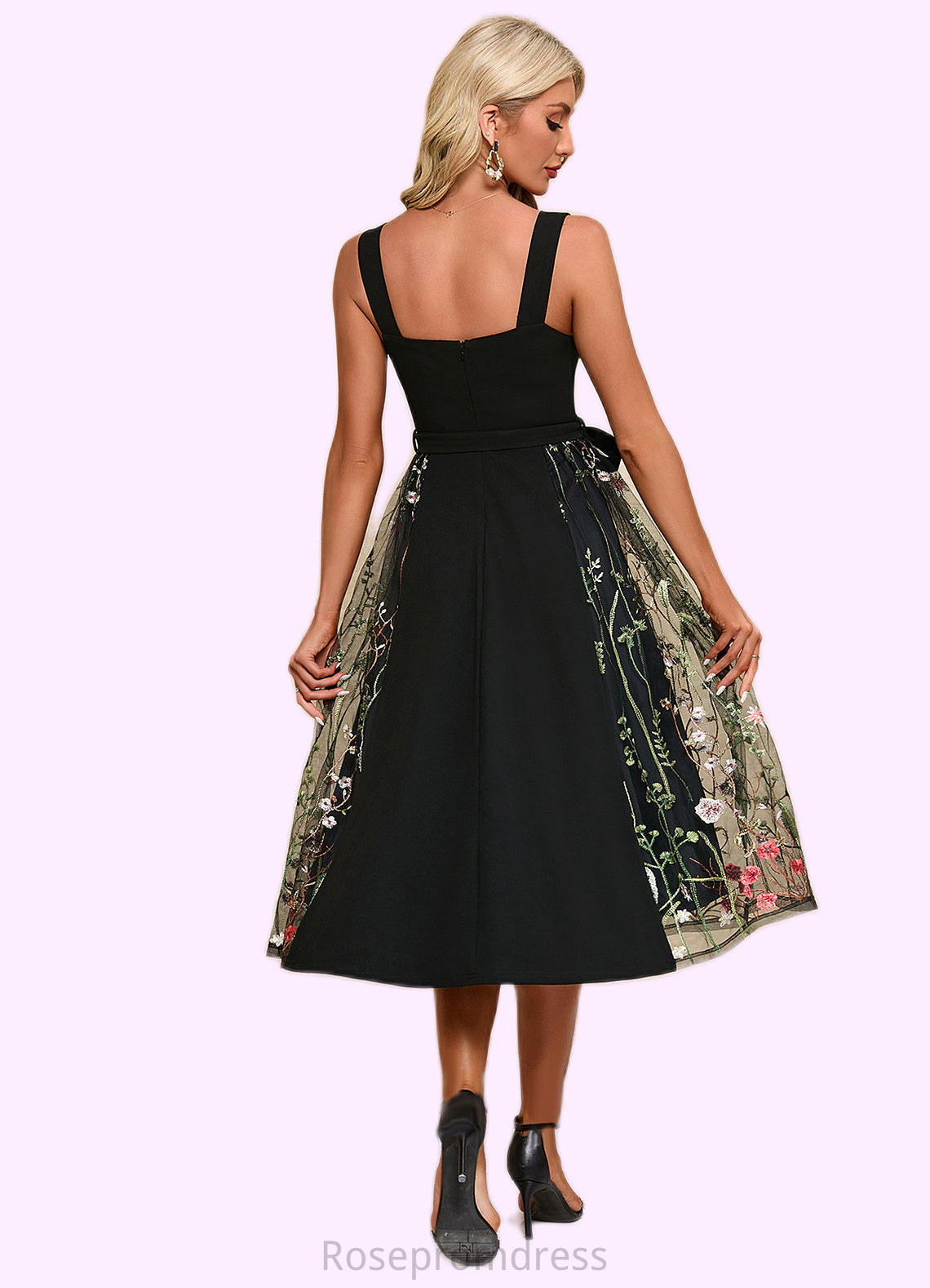 Delilah Flower Jacquard Square Elegant A-line Polyester Tulle Midi Dresses SRSP0022392