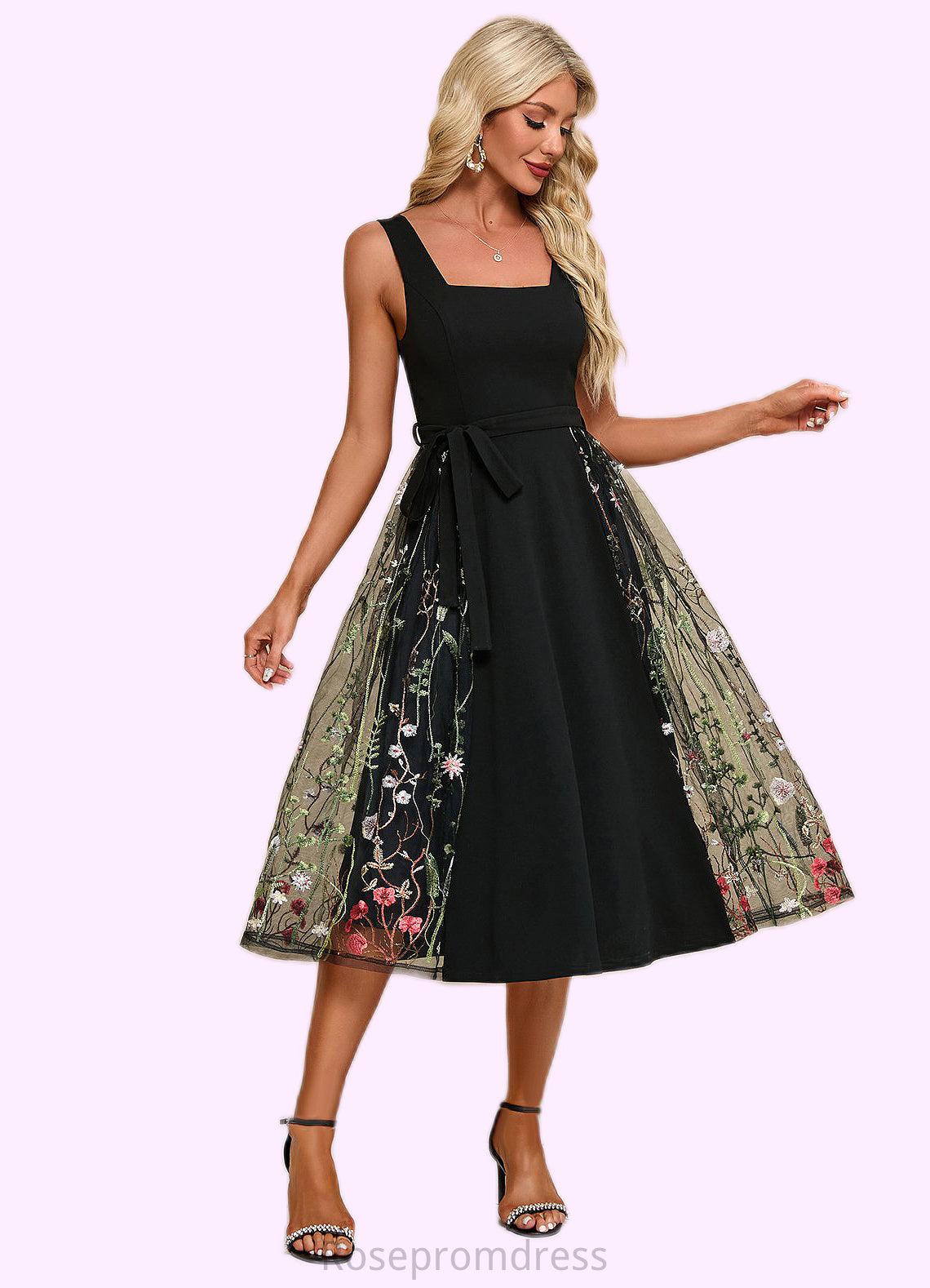 Delilah Flower Jacquard Square Elegant A-line Polyester Tulle Midi Dresses SRSP0022392