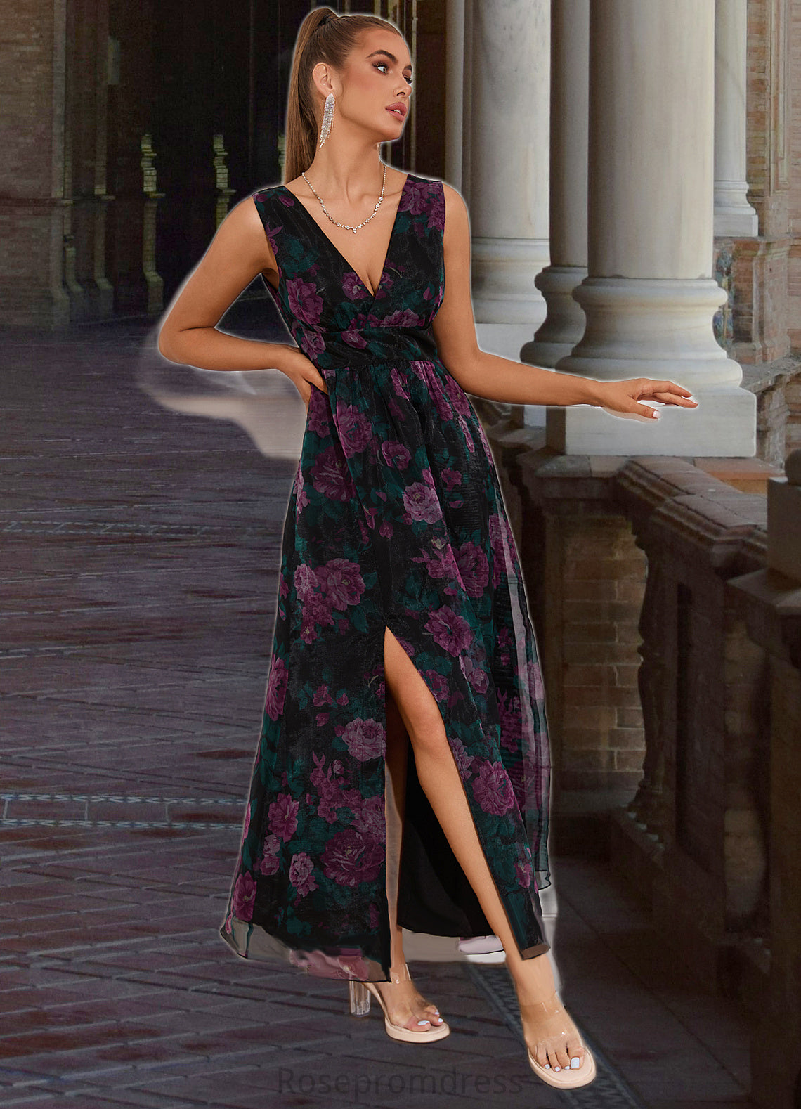 Adelaide Floral Print V-Neck Elegant A-line Organza Maxi Dresses SRSP0022406