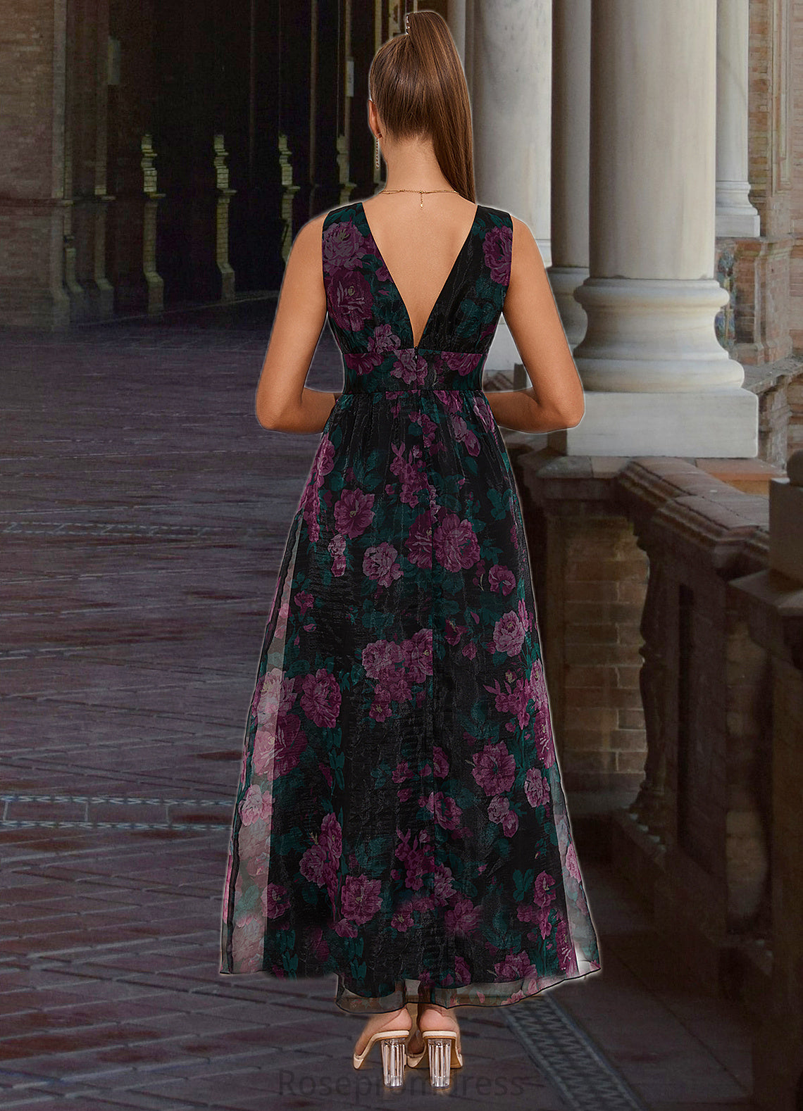 Adelaide Floral Print V-Neck Elegant A-line Organza Maxi Dresses SRSP0022406