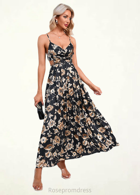 Penny Flower Ruffle Floral Print Cowl Sexy A-line Satin Maxi Dresses SRSP0022468