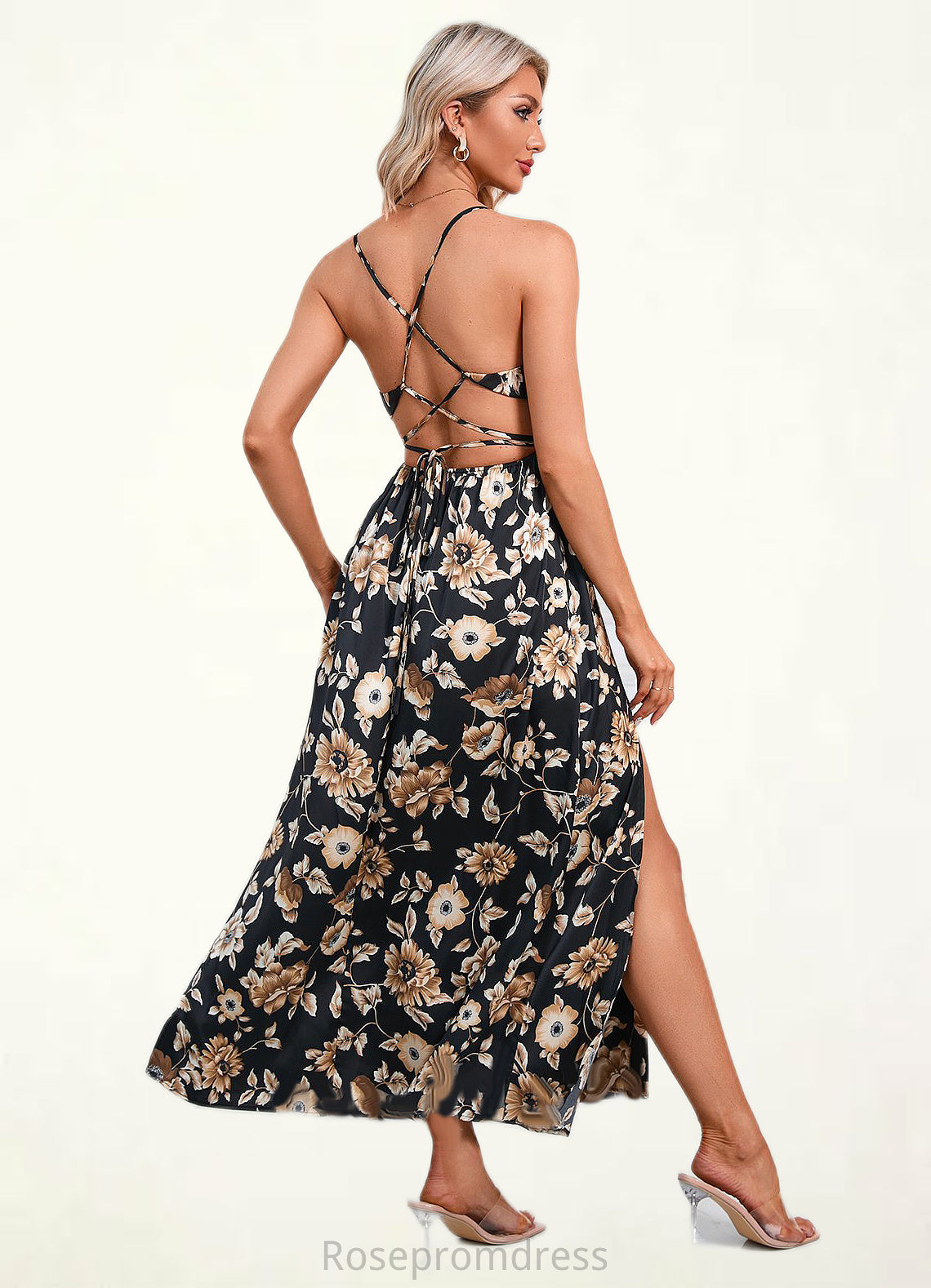 Penny Flower Ruffle Floral Print Cowl Sexy A-line Satin Maxi Dresses SRSP0022468