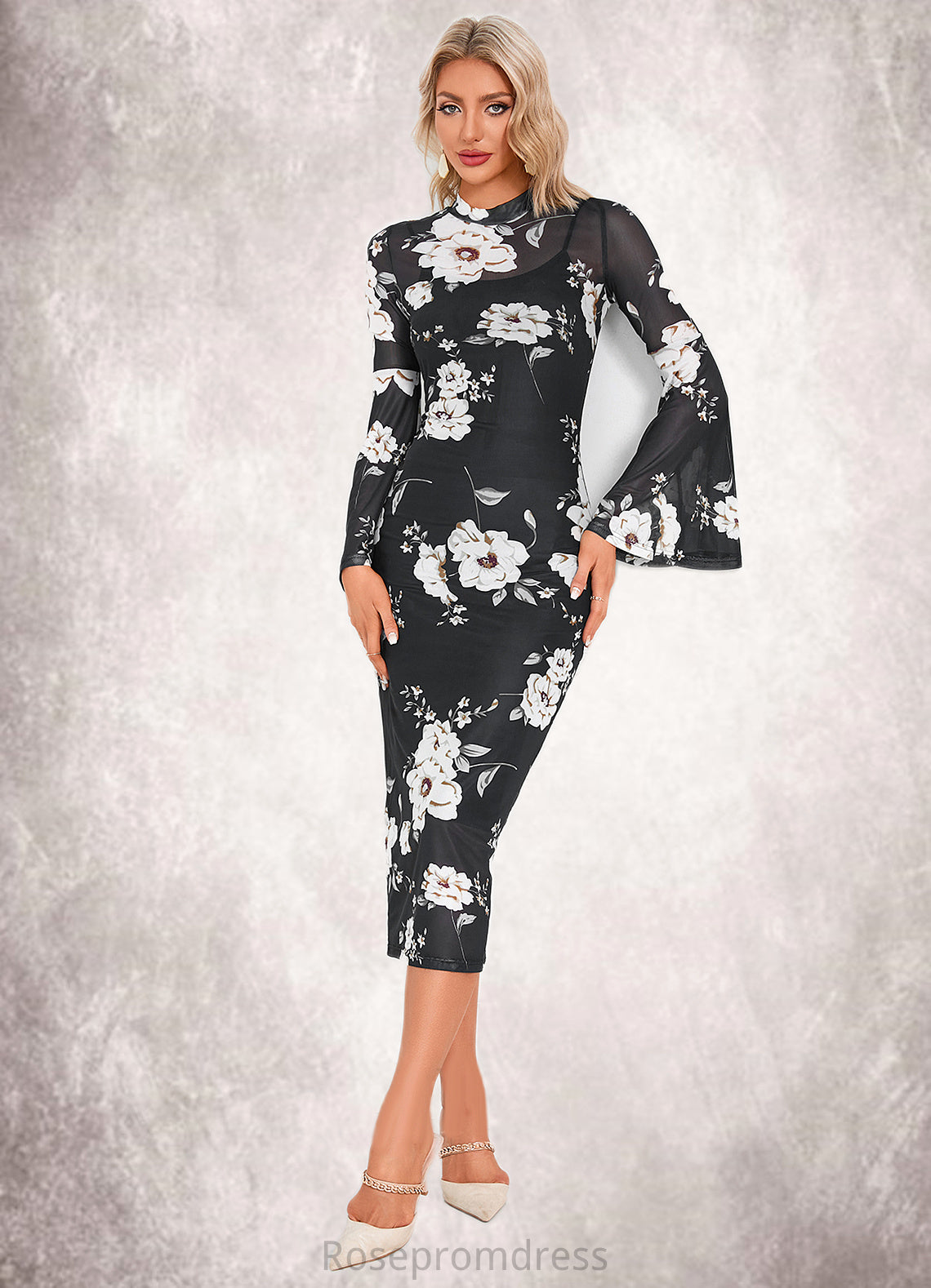 Kenna Floral Print High Neck Elegant Bodycon Spandex Midi Dresses SRSP0022470