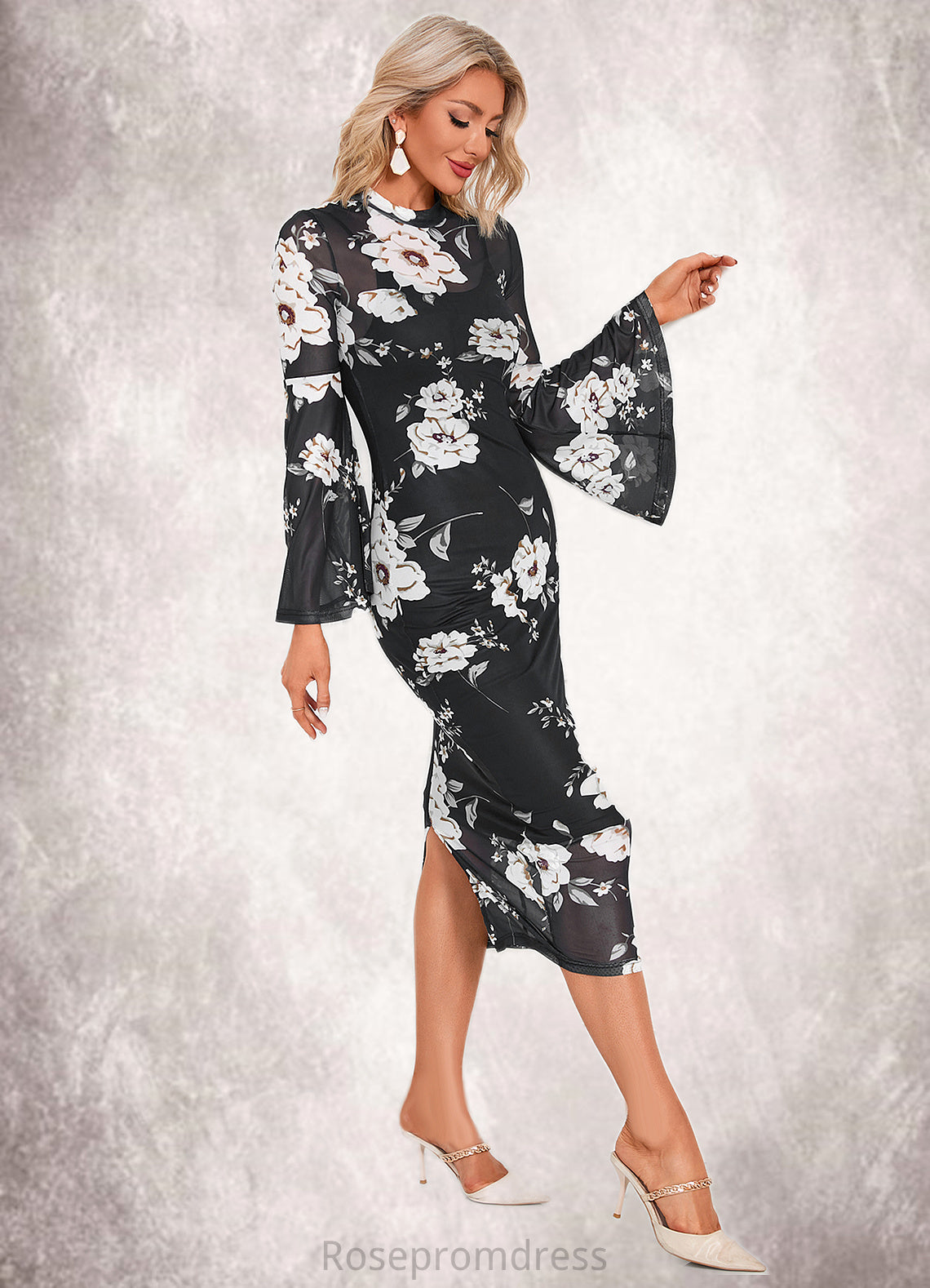 Kenna Floral Print High Neck Elegant Bodycon Spandex Midi Dresses SRSP0022470