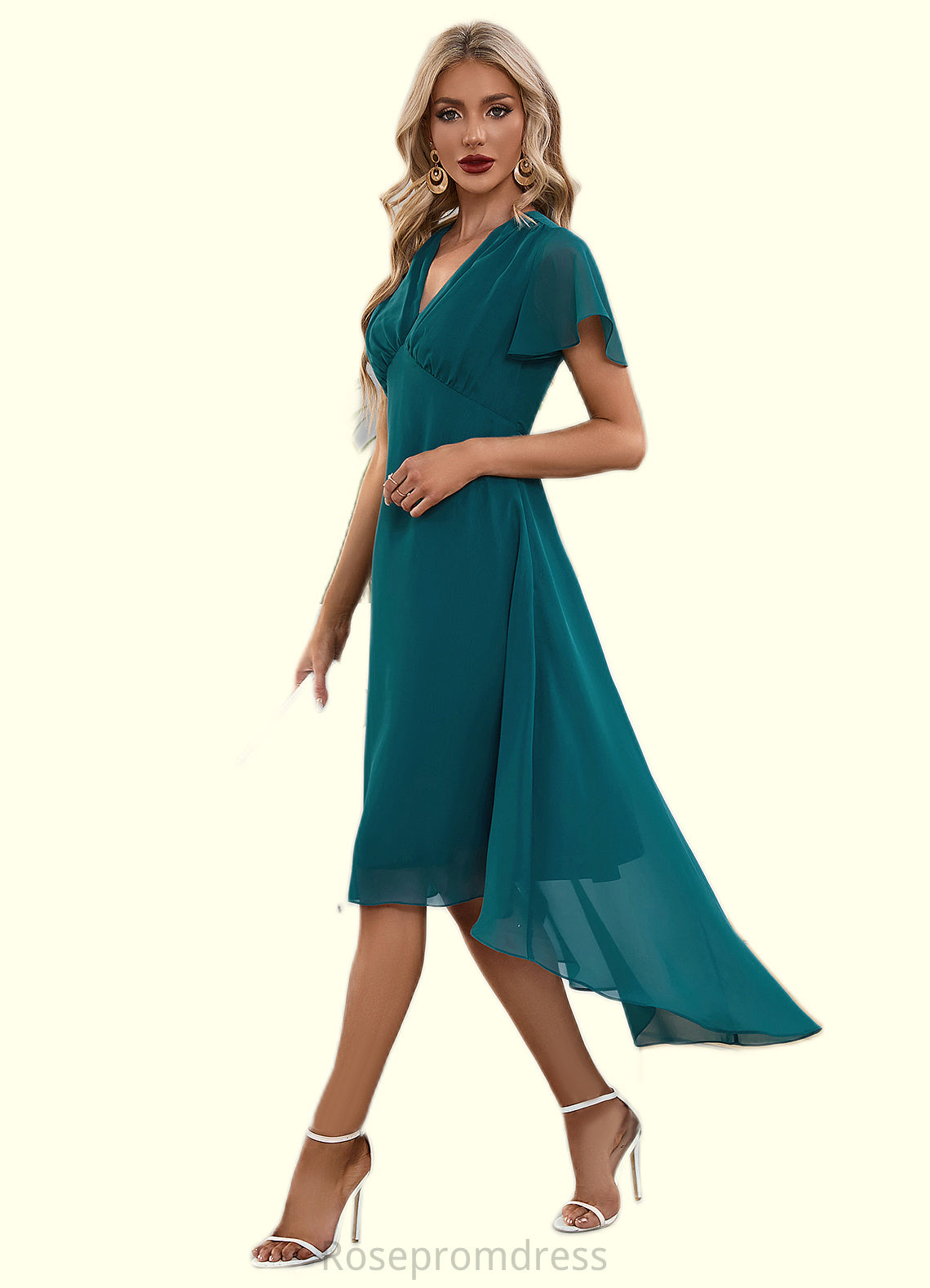 Lilyana V-Neck Elegant A-line Chiffon Asymmetrical Midi Dresses SRSP0022495