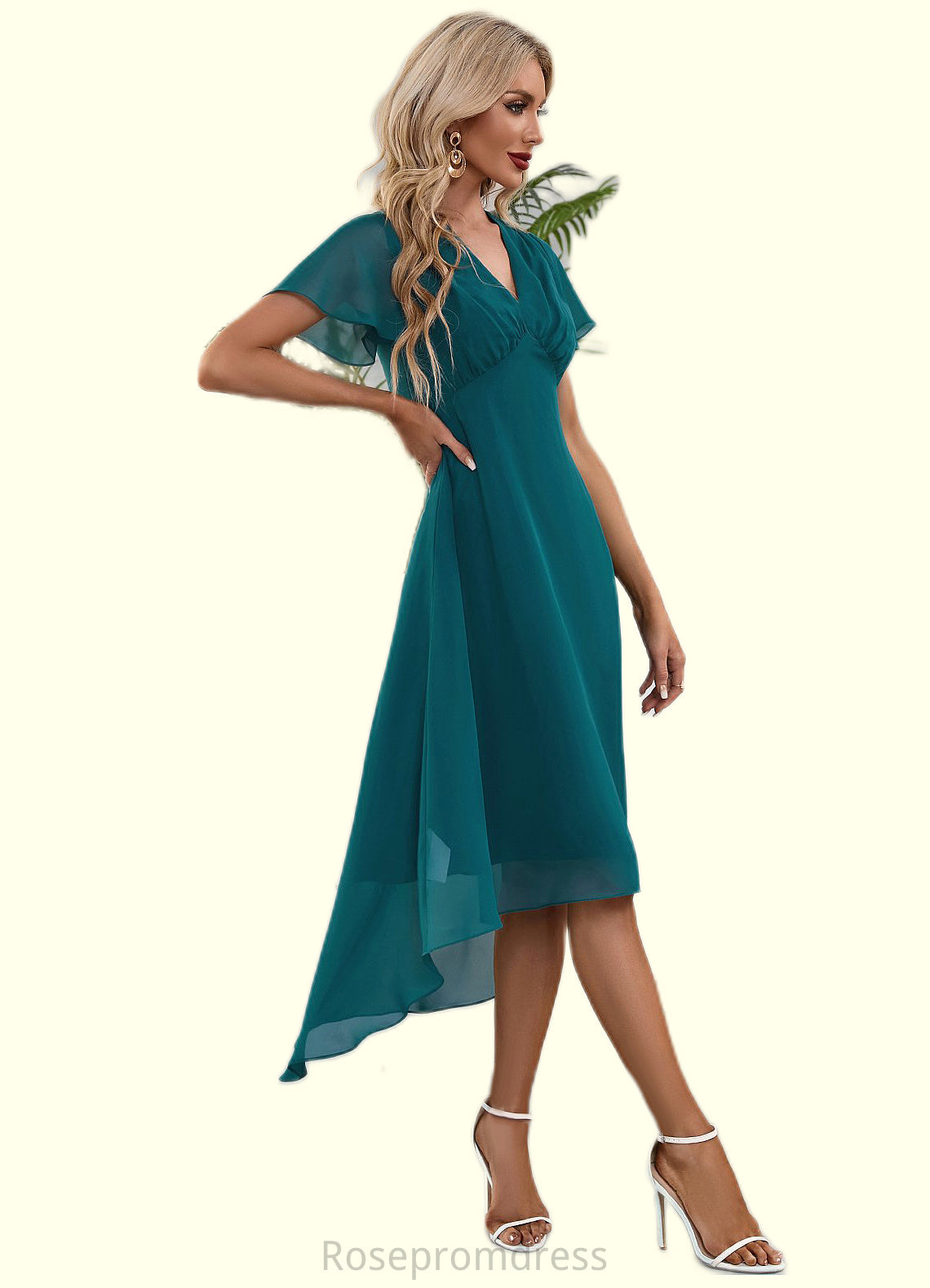 Lilyana V-Neck Elegant A-line Chiffon Asymmetrical Midi Dresses SRSP0022495