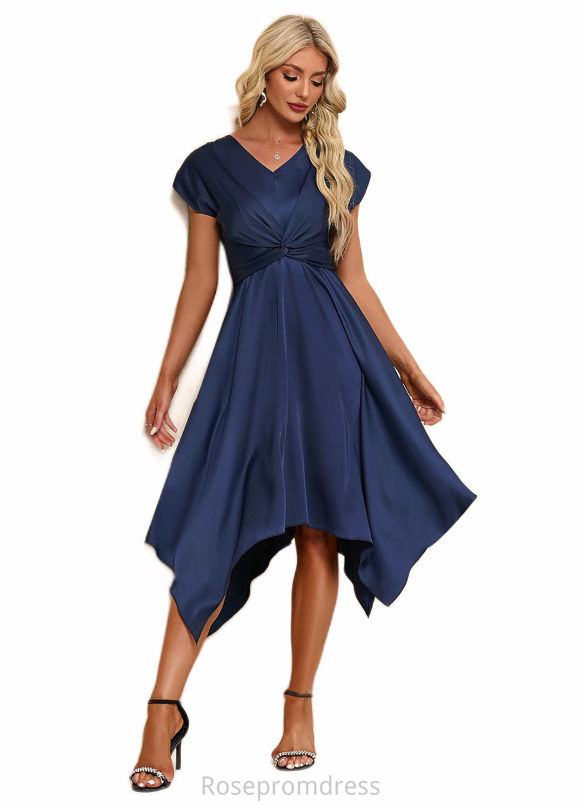 Kaitlin Bow V-Neck Elegant A-line Satin Asymmetrical Dresses SRSP0022506