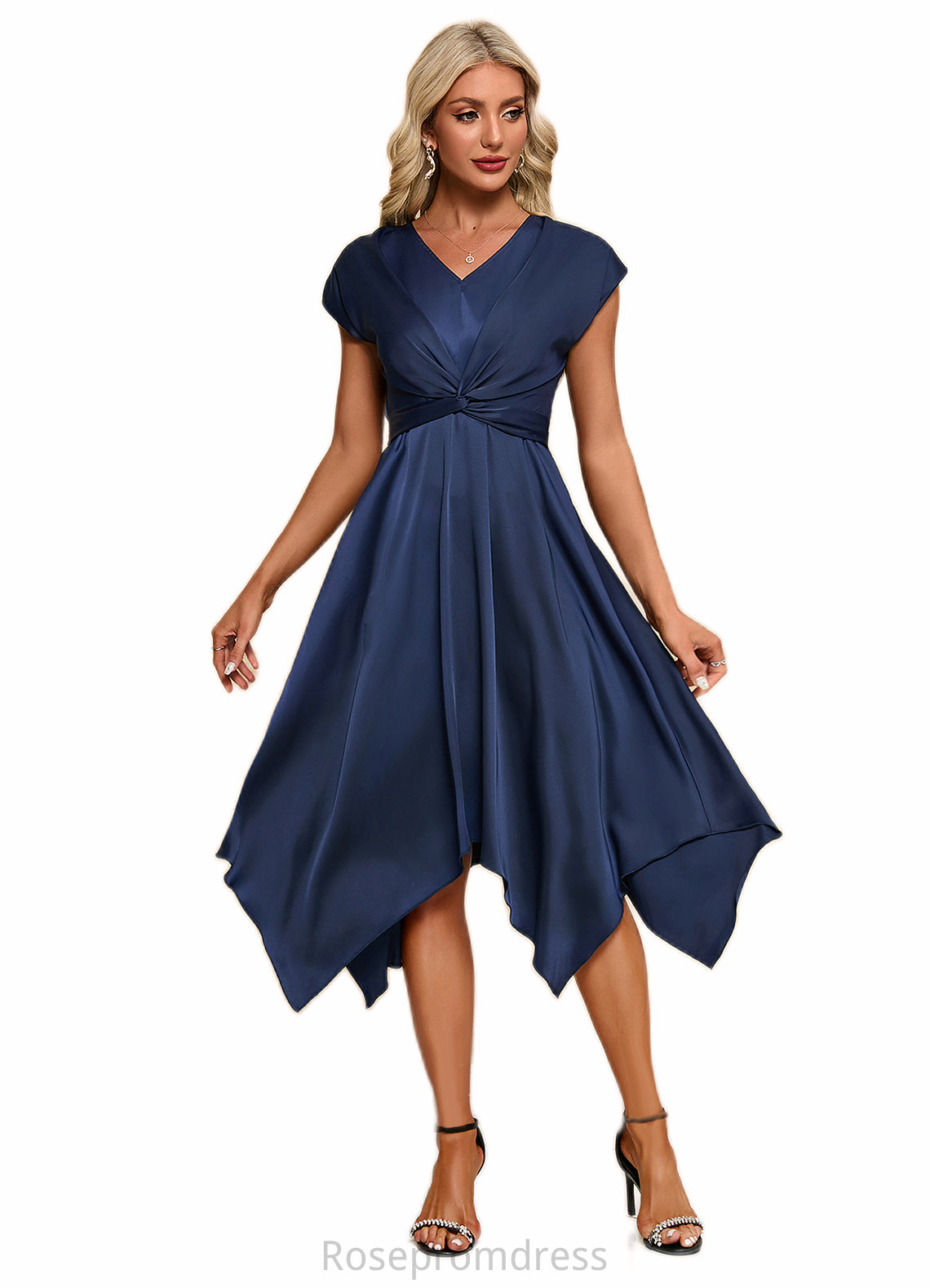 Kaitlin Bow V-Neck Elegant A-line Satin Asymmetrical Dresses SRSP0022506