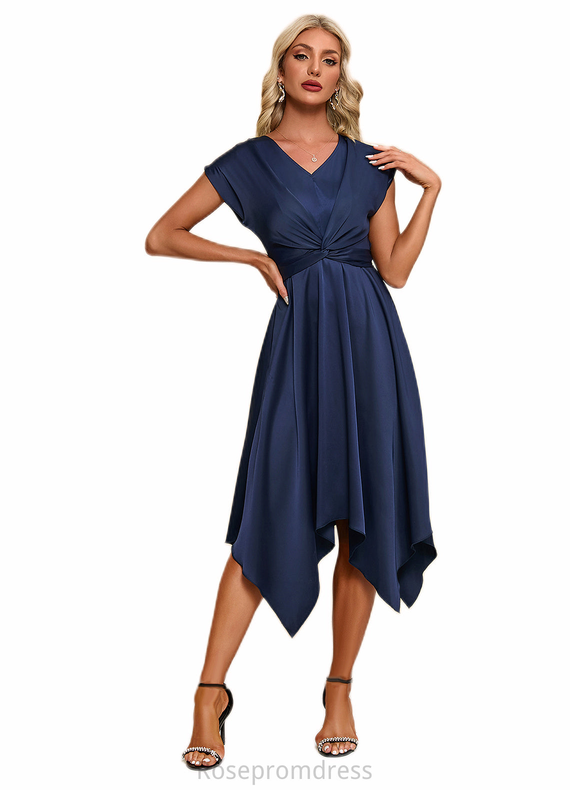 Kaitlin Bow V-Neck Elegant A-line Satin Asymmetrical Dresses SRSP0022506