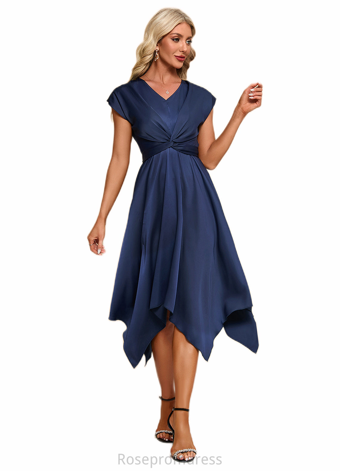 Kaitlin Bow V-Neck Elegant A-line Satin Asymmetrical Dresses SRSP0022506