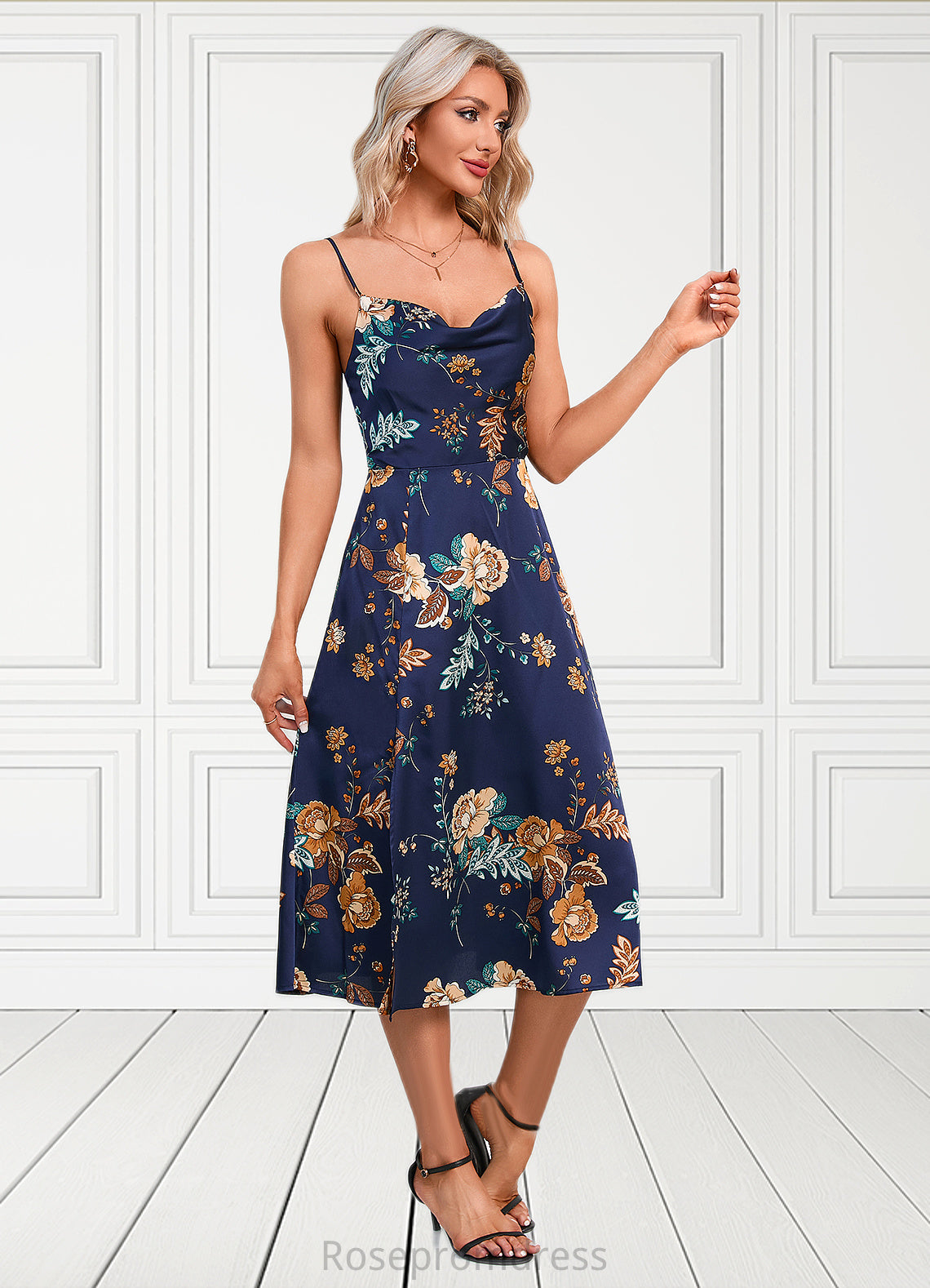 Hailie Floral Print Cowl Elegant A-line Satin Dresses SRSP0022508