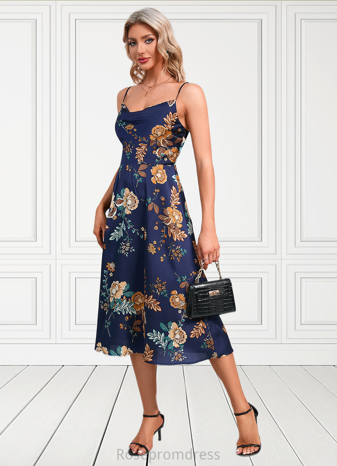 Hailie Floral Print Cowl Elegant A-line Satin Dresses SRSP0022508