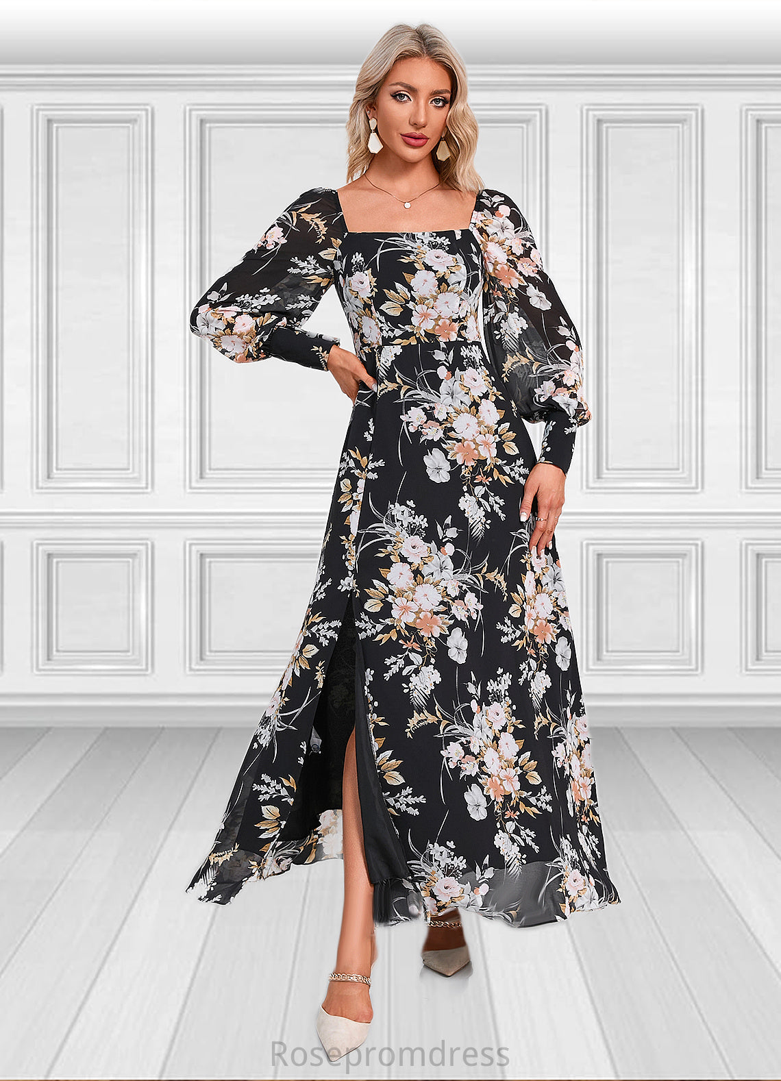 Azul Floral Print Off the Shoulder Elegant A-line Chiffon Maxi Dresses SRSP0022515