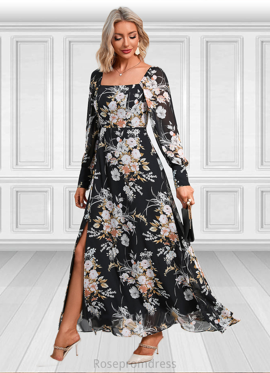 Azul Floral Print Off the Shoulder Elegant A-line Chiffon Maxi Dresses SRSP0022515