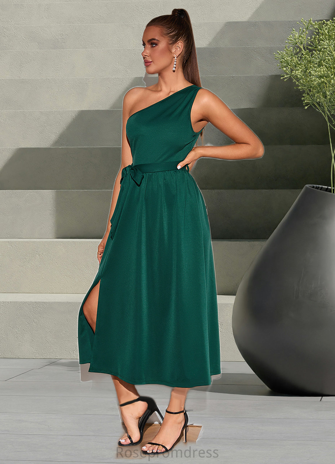 Tanya One Shoulder Vacation A-line Cotton Blends Midi Dresses SRSP0022529