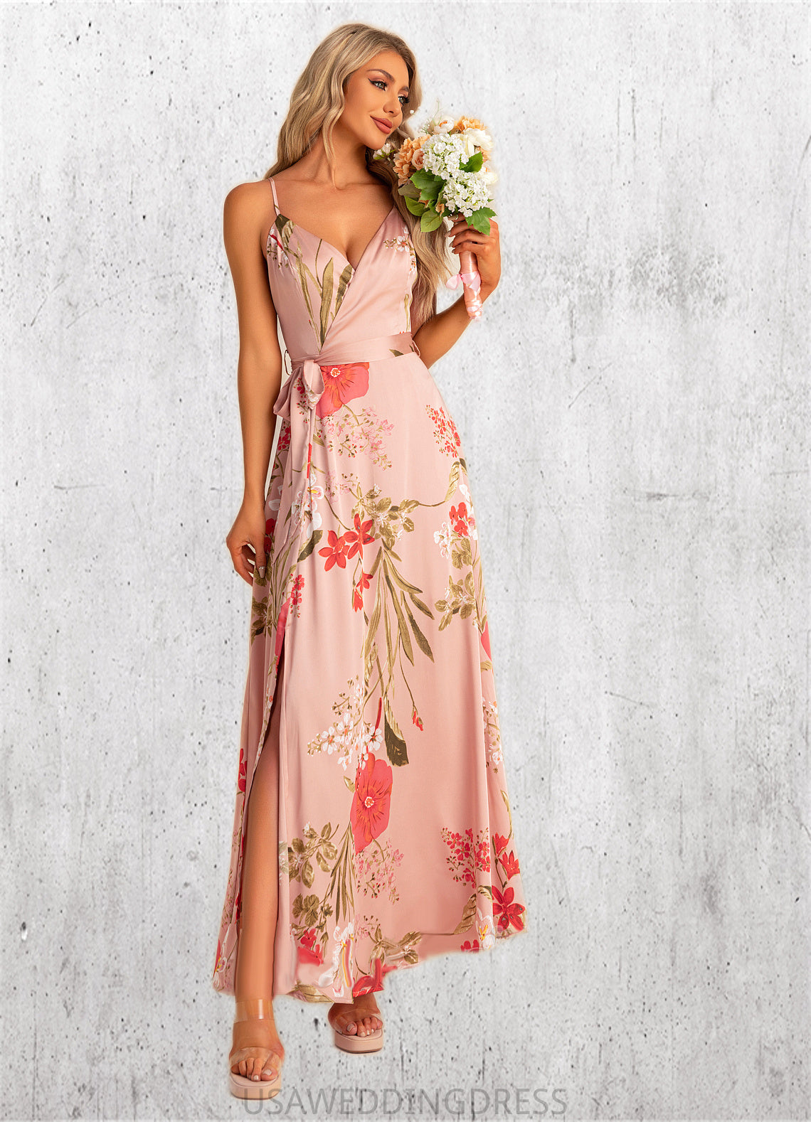 Arielle A-line V-Neck Floor-Length Asymmetrical Satin Bridesmaid Dress With Floral Print DSP0022568