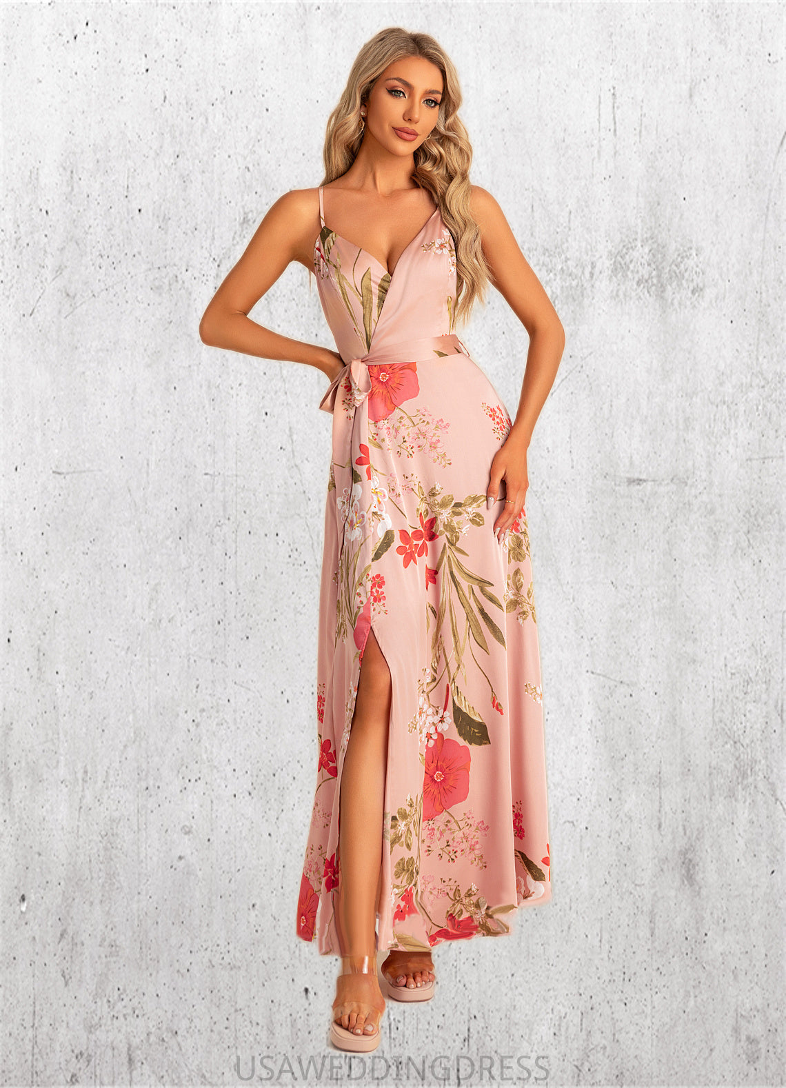 Arielle A-line V-Neck Floor-Length Asymmetrical Satin Bridesmaid Dress With Floral Print DSP0022568