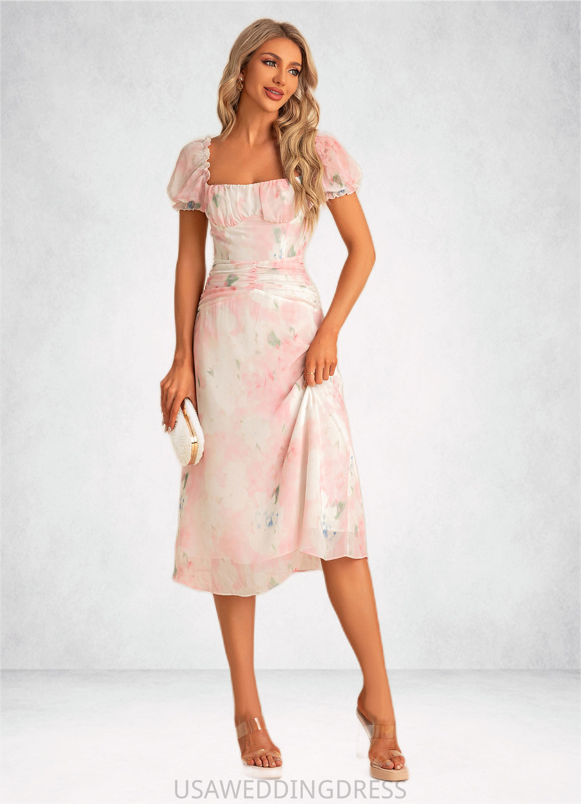 Lesley A-line Square Tea-Length Chiffon Bridesmaid Dress With Floral Print DSP0022570