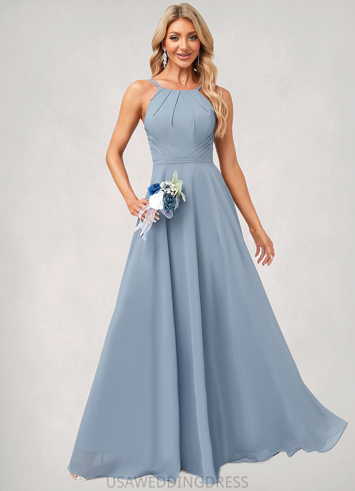 Aryanna A-line Halter Floor-Length Chiffon Bridesmaid Dress DSP0022575