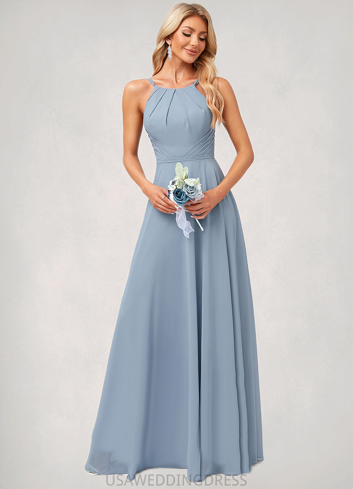 Aryanna A-line Halter Floor-Length Chiffon Bridesmaid Dress DSP0022575