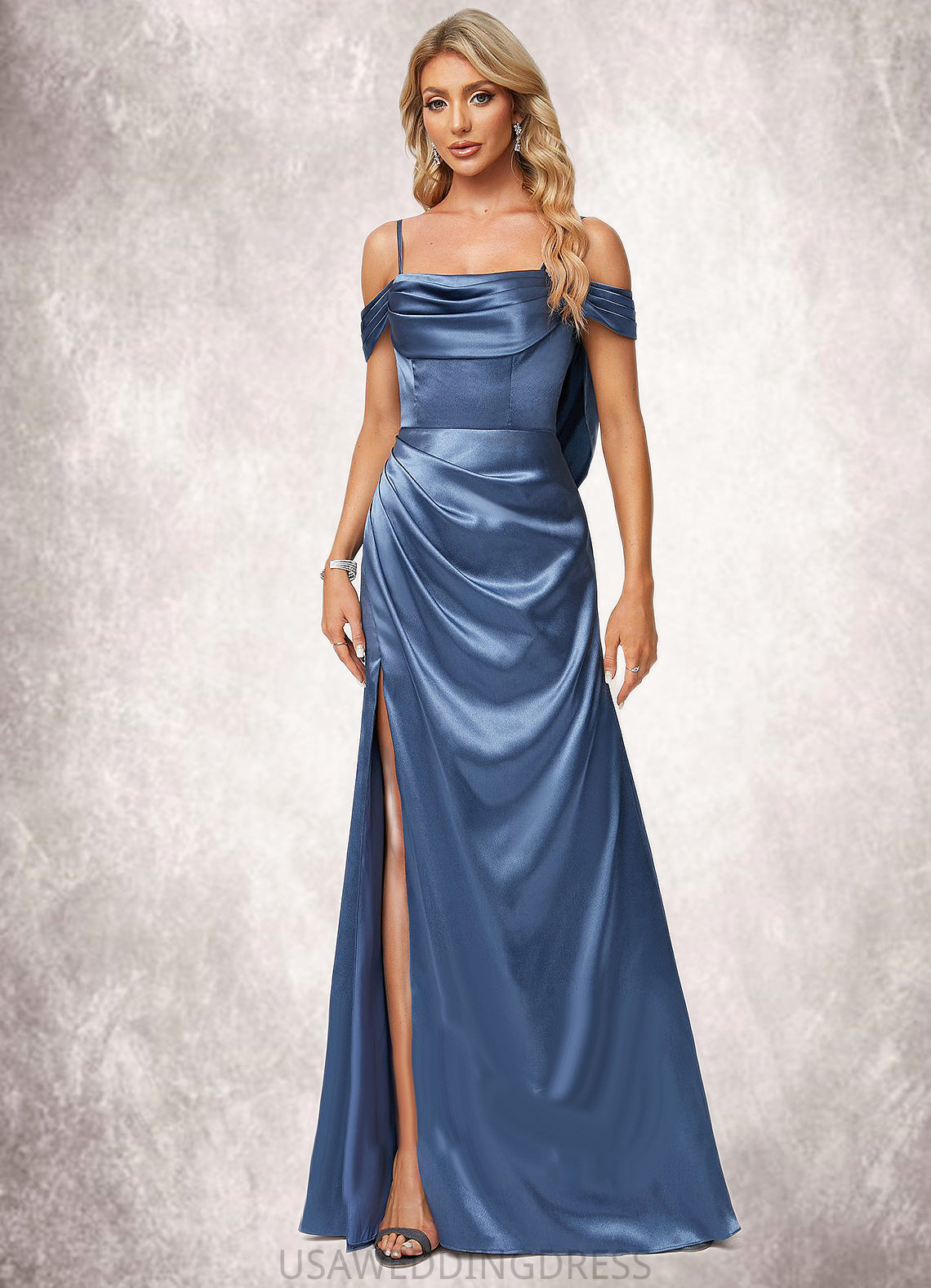 Kiley A-line Cold Shoulder Floor-Length Stretch Satin Bridesmaid Dress With Ruffle DSP0022578