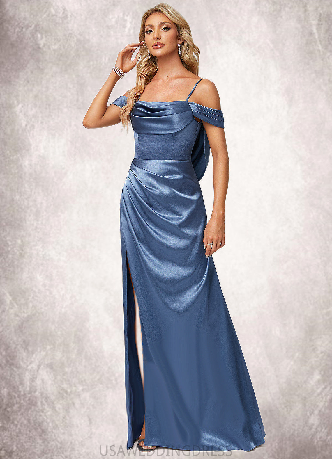 Kiley A-line Cold Shoulder Floor-Length Stretch Satin Bridesmaid Dress With Ruffle DSP0022578