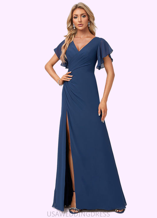 Katharine A-line V-Neck Floor-Length Chiffon Bridesmaid Dress With Ruffle DSP0022582