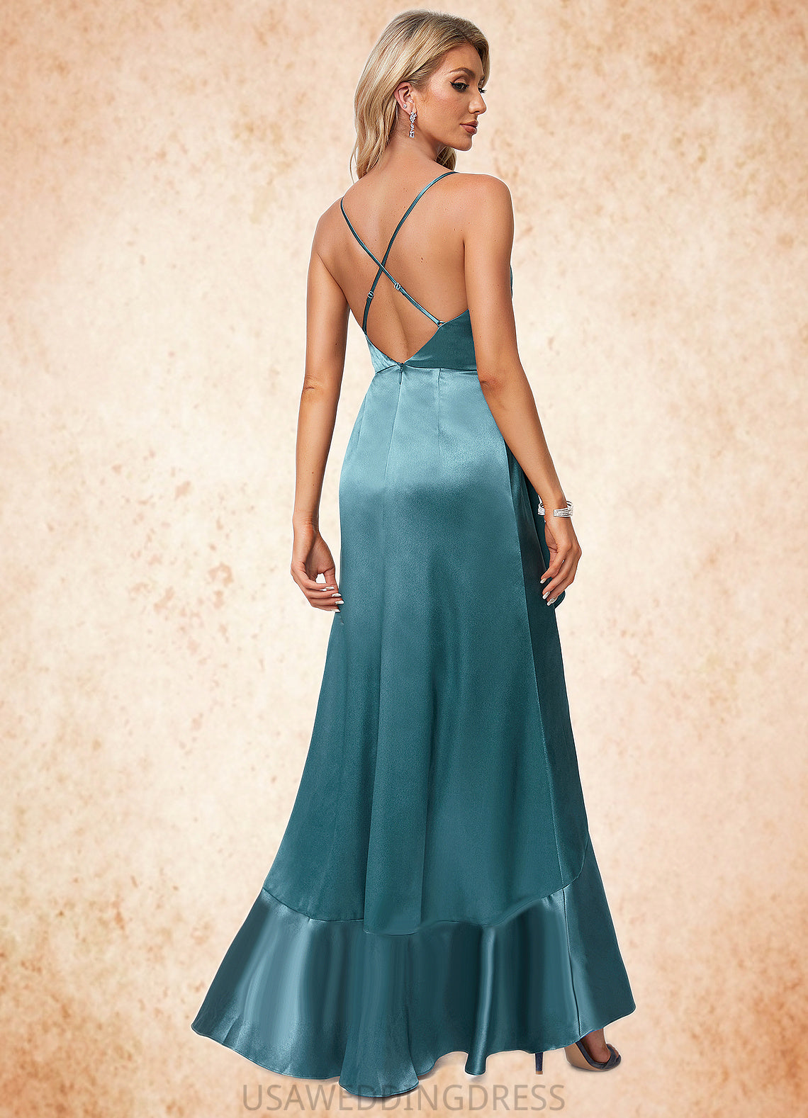 Rylie A-line V-Neck Asymmetrical Stretch Satin Bridesmaid Dress With Ruffle DSP0022584