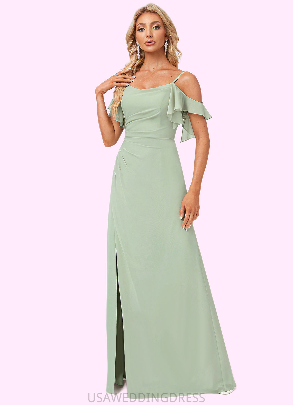 Annie A-line Cold Shoulder Floor-Length Chiffon Bridesmaid Dress With Ruffle DSP0022586