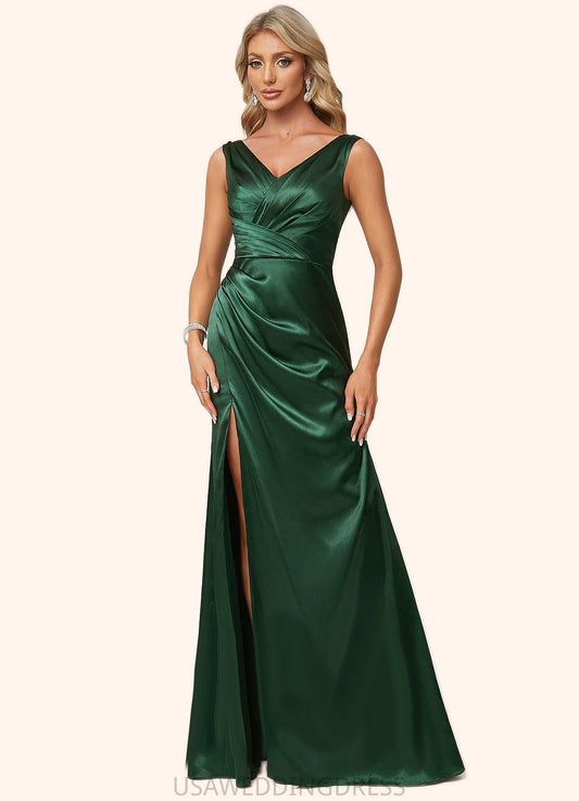 Ashlee A-line V-Neck Floor-Length Stretch Satin Bridesmaid Dress DSP0022590