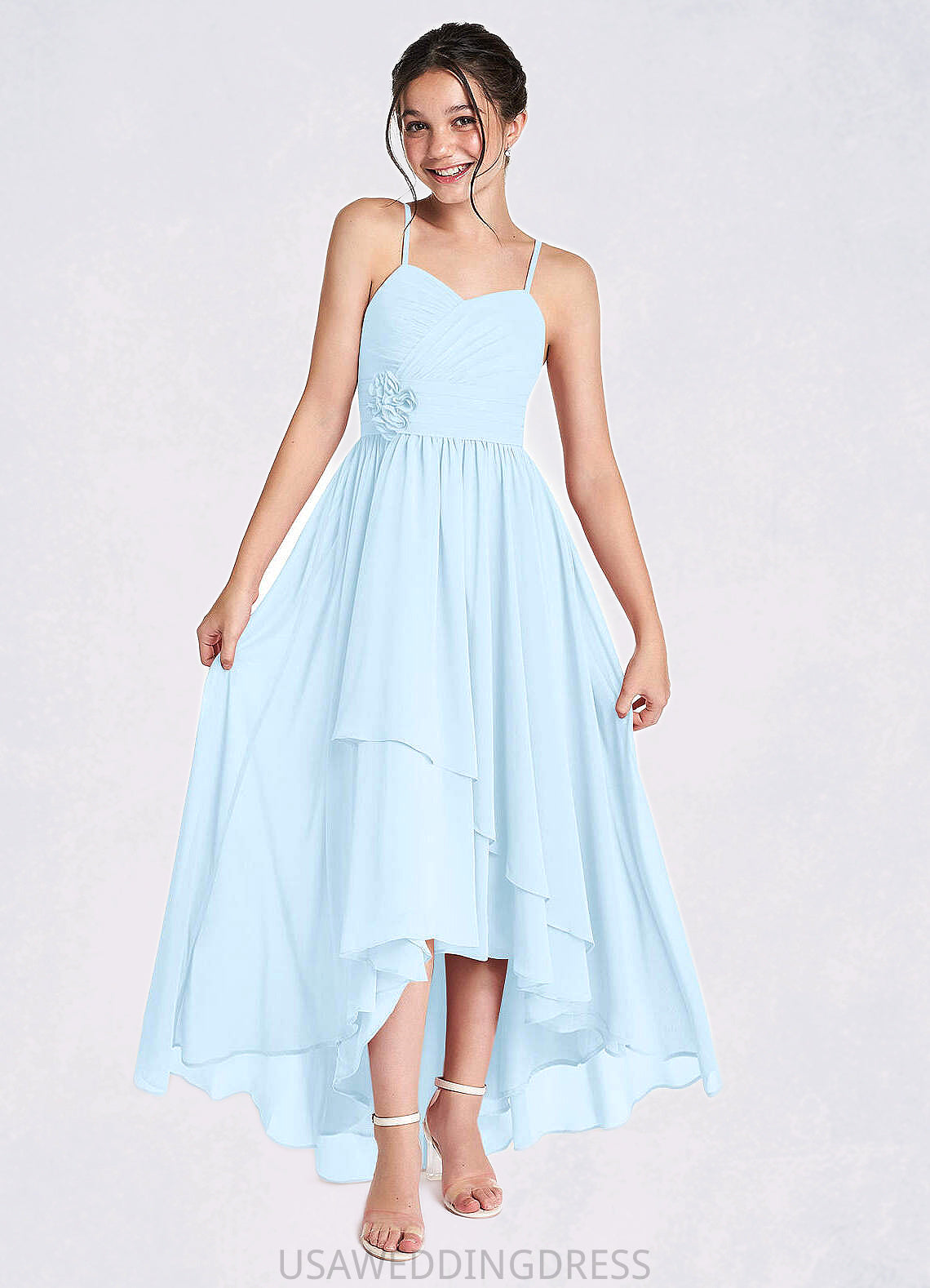 Kenley A-Line Ruched Chiffon Asymmetrical Junior Bridesmaid Dress Sky Blue DSP0022848