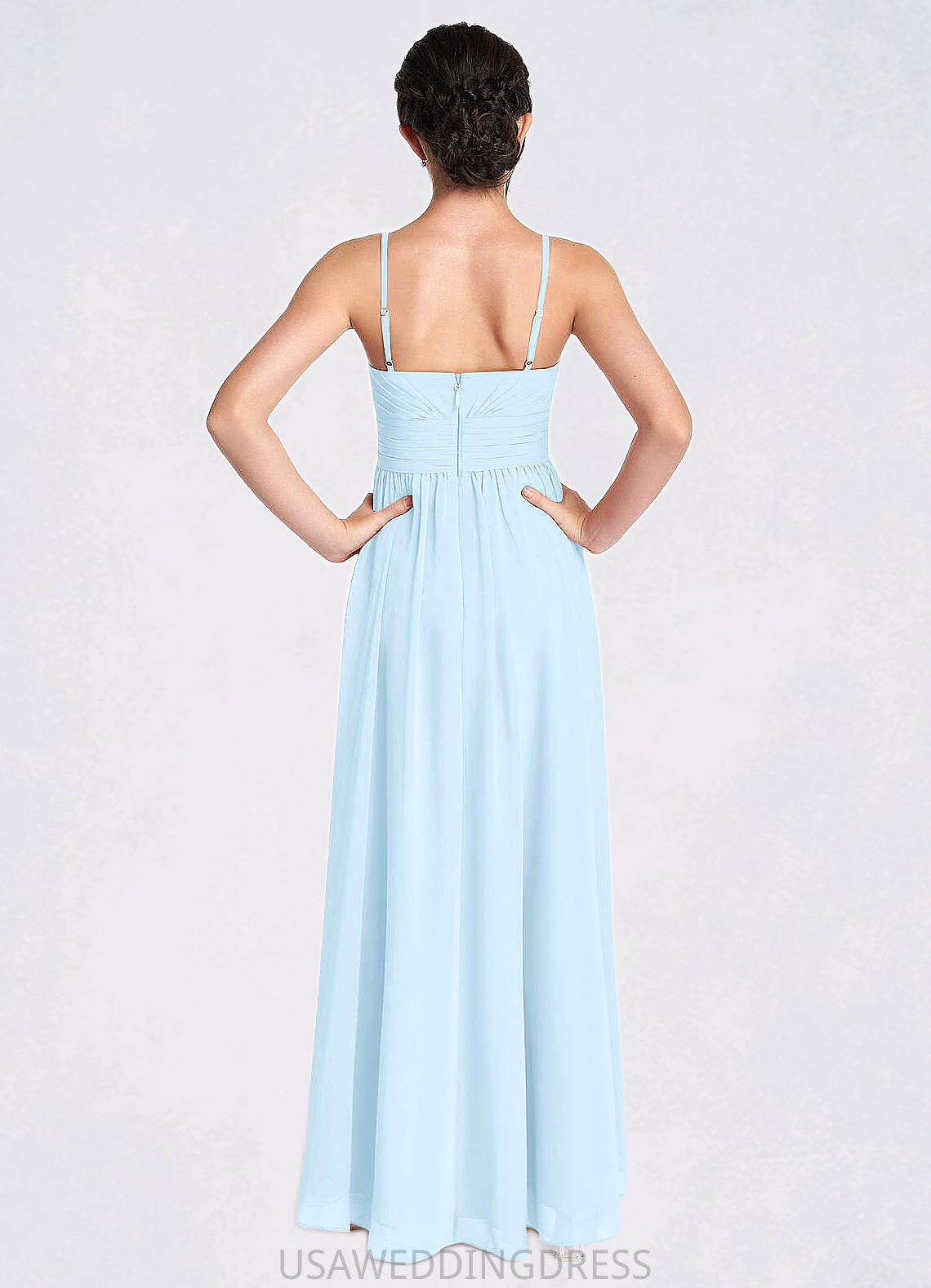 Kenley A-Line Ruched Chiffon Asymmetrical Junior Bridesmaid Dress Sky Blue DSP0022848