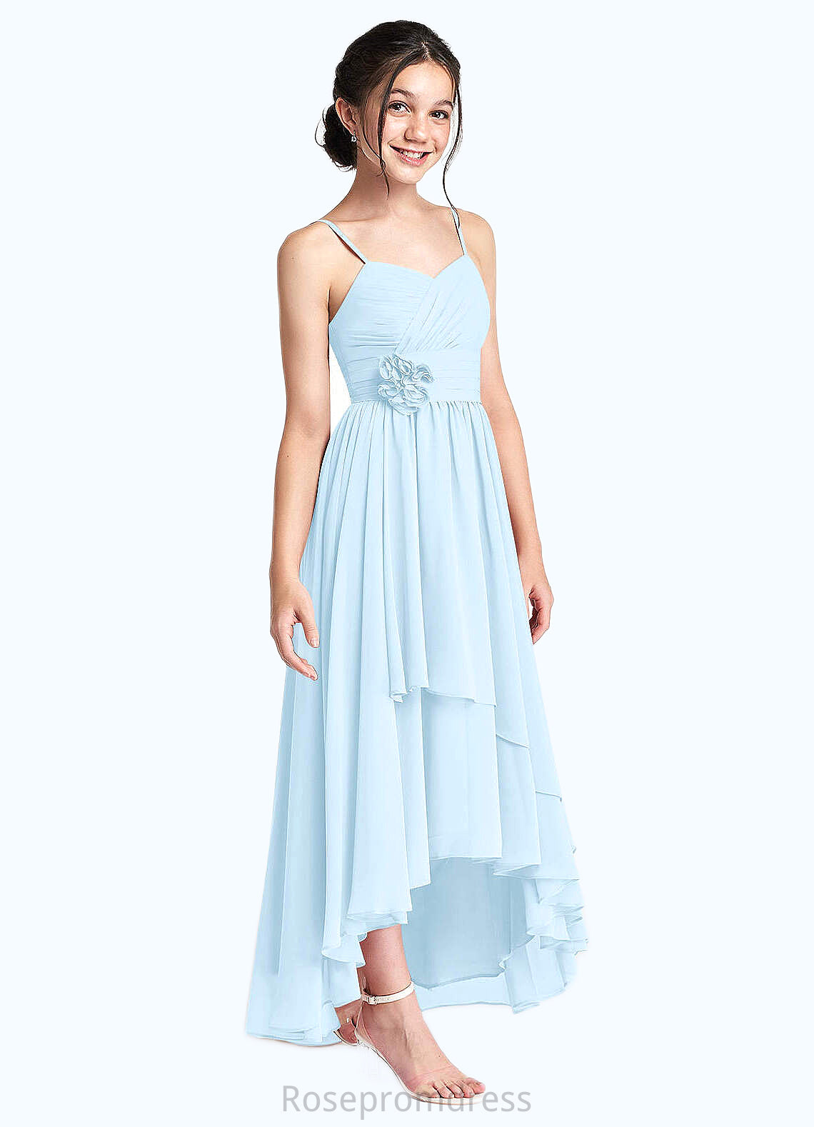 Lara A-Line Ruched Chiffon Asymmetrical Junior Bridesmaid Dress Sky Blue SRSP0022848