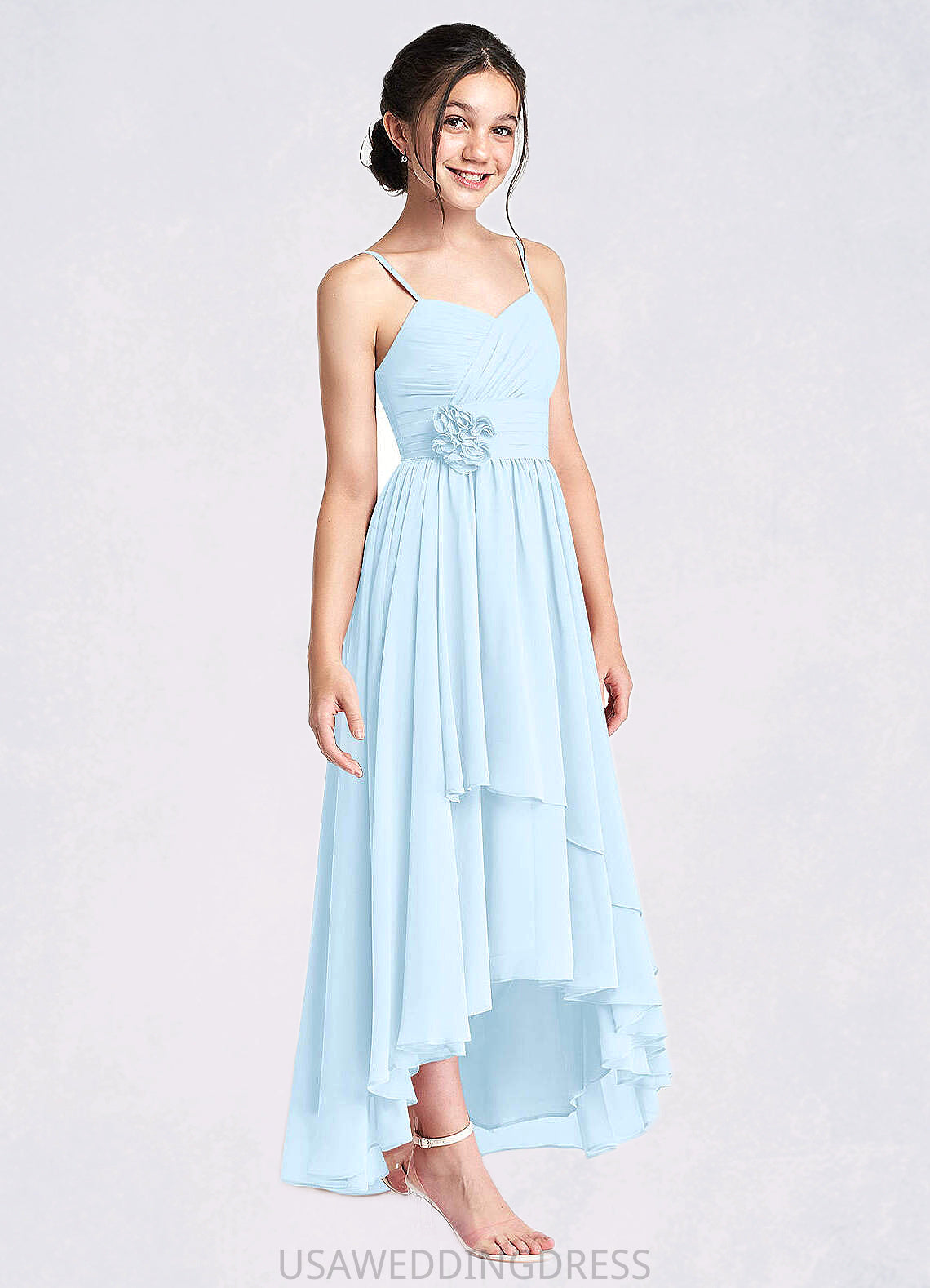 Kenley A-Line Ruched Chiffon Asymmetrical Junior Bridesmaid Dress Sky Blue DSP0022848