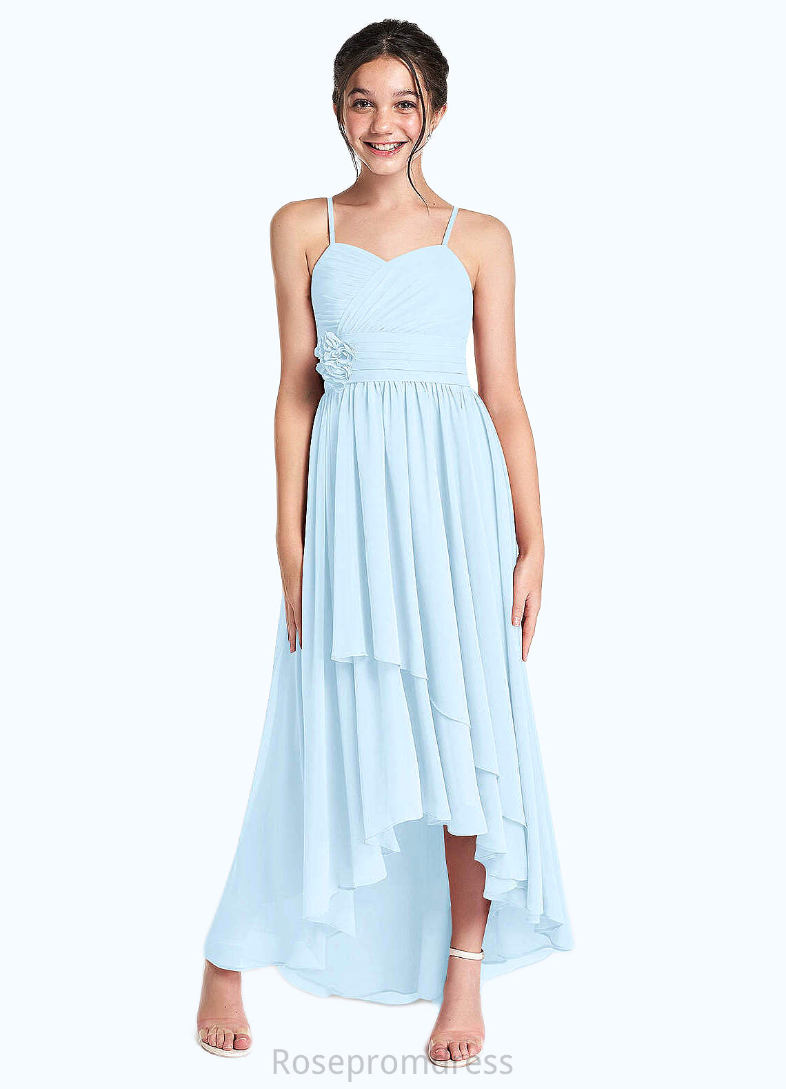 Lara A-Line Ruched Chiffon Asymmetrical Junior Bridesmaid Dress Sky Blue SRSP0022848