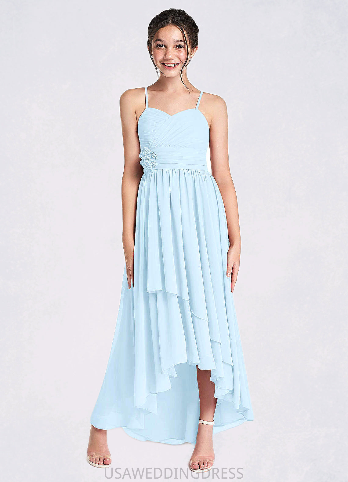 Kenley A-Line Ruched Chiffon Asymmetrical Junior Bridesmaid Dress Sky Blue DSP0022848