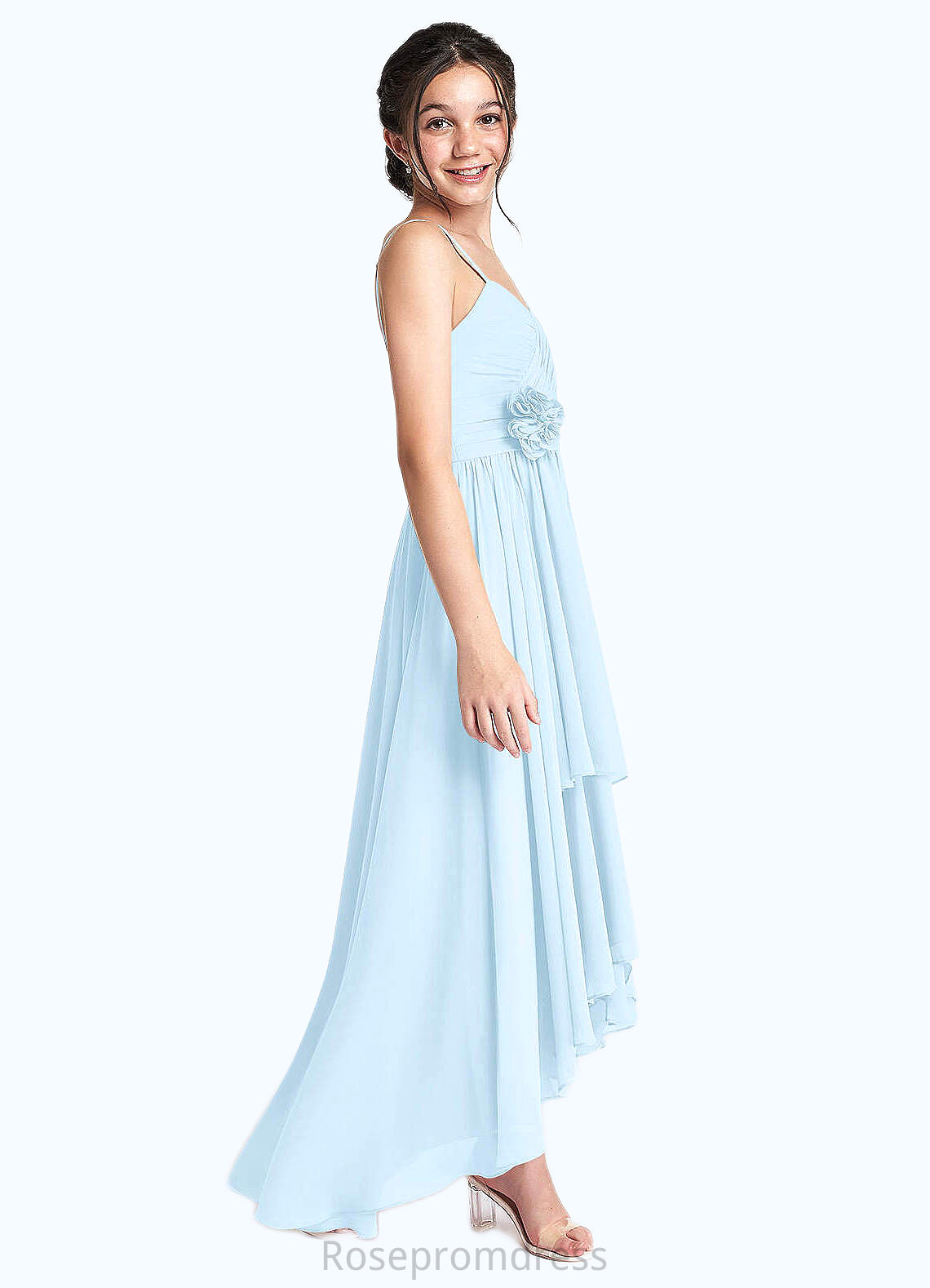 Lara A-Line Ruched Chiffon Asymmetrical Junior Bridesmaid Dress Sky Blue SRSP0022848