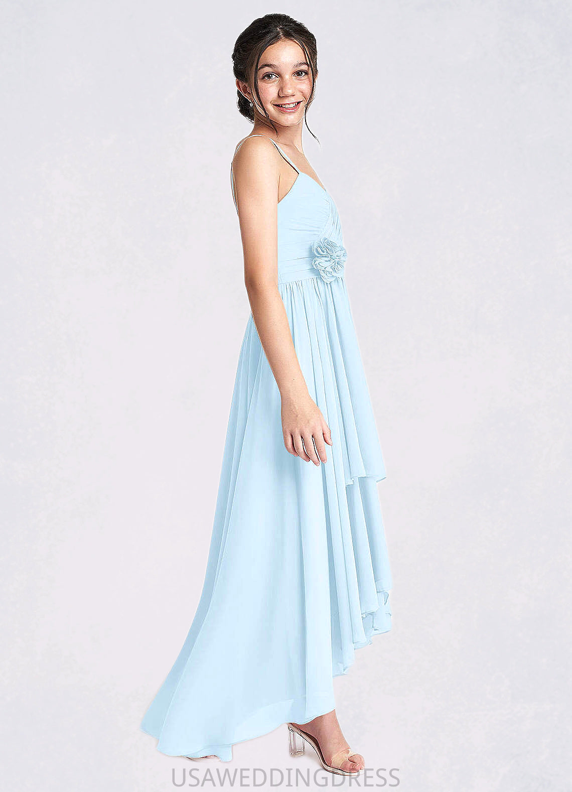 Kenley A-Line Ruched Chiffon Asymmetrical Junior Bridesmaid Dress Sky Blue DSP0022848