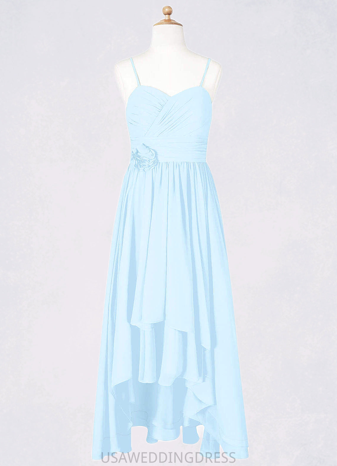 Kenley A-Line Ruched Chiffon Asymmetrical Junior Bridesmaid Dress Sky Blue DSP0022848