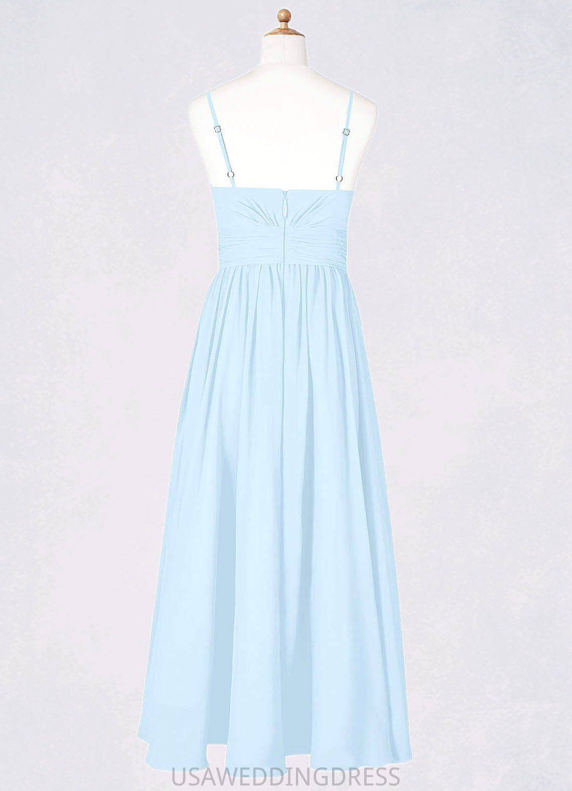 Kenley A-Line Ruched Chiffon Asymmetrical Junior Bridesmaid Dress Sky Blue DSP0022848