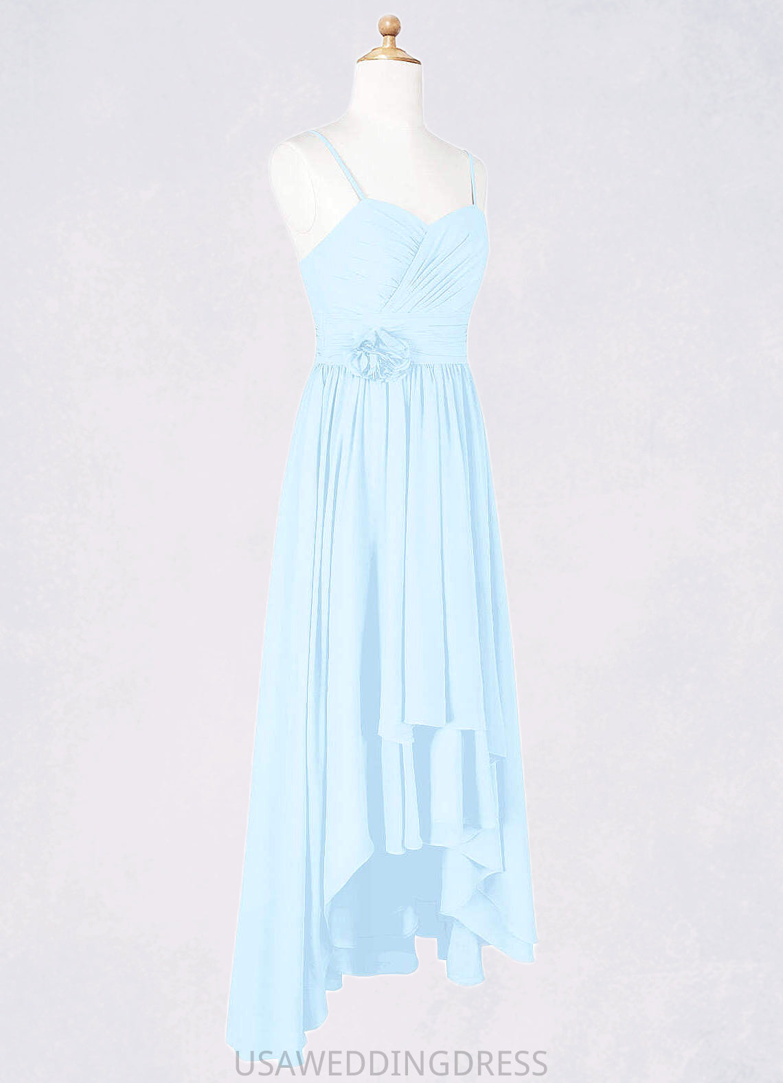 Kenley A-Line Ruched Chiffon Asymmetrical Junior Bridesmaid Dress Sky Blue DSP0022848