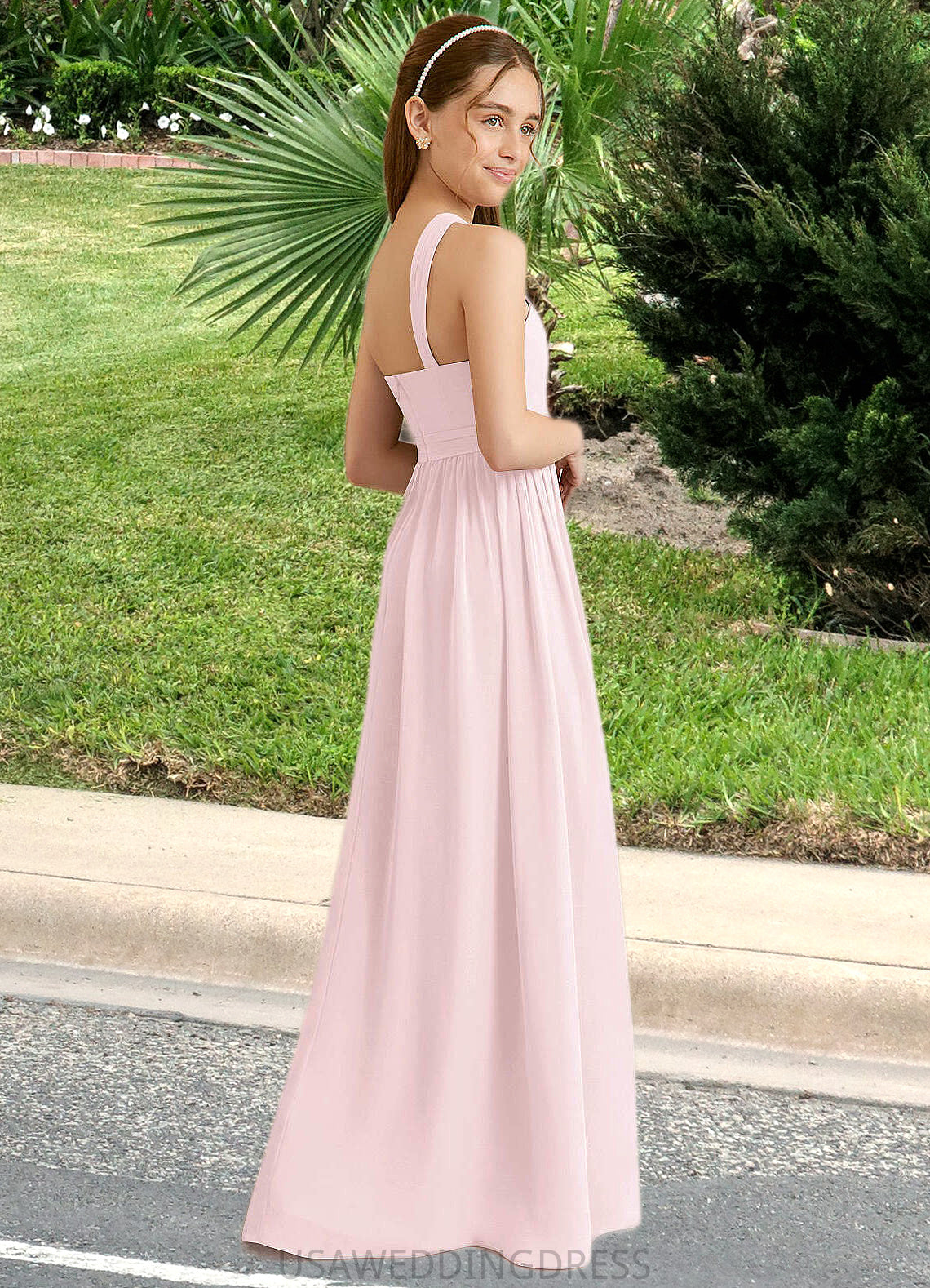 Bianca A-Line Pleated Chiffon Floor-Length Junior Bridesmaid Dress Blushing Pink DSP0022849