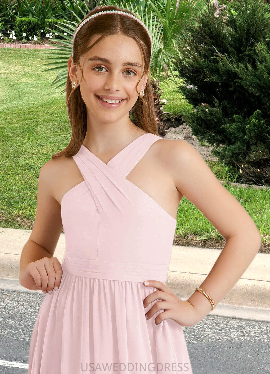 Bianca A-Line Pleated Chiffon Floor-Length Junior Bridesmaid Dress Blushing Pink DSP0022849