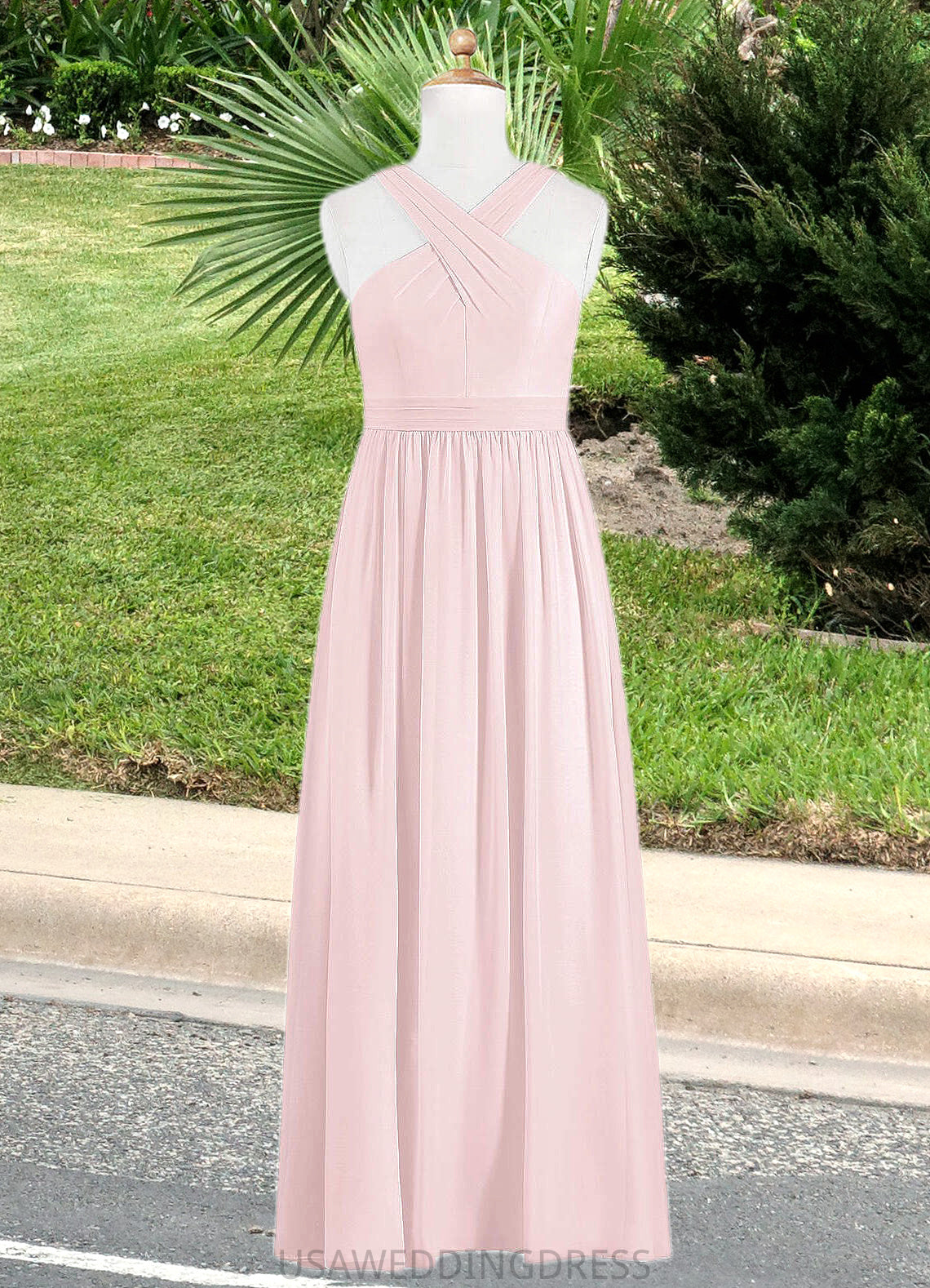 Bianca A-Line Pleated Chiffon Floor-Length Junior Bridesmaid Dress Blushing Pink DSP0022849