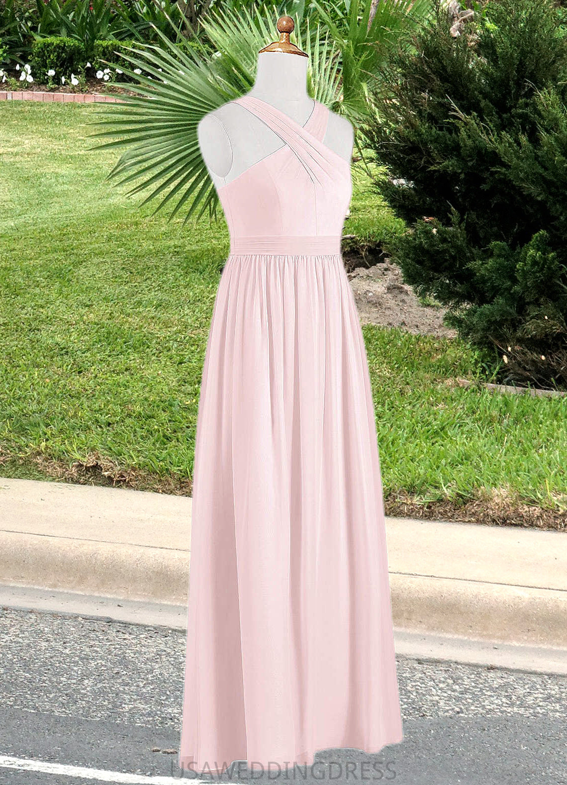 Bianca A-Line Pleated Chiffon Floor-Length Junior Bridesmaid Dress Blushing Pink DSP0022849