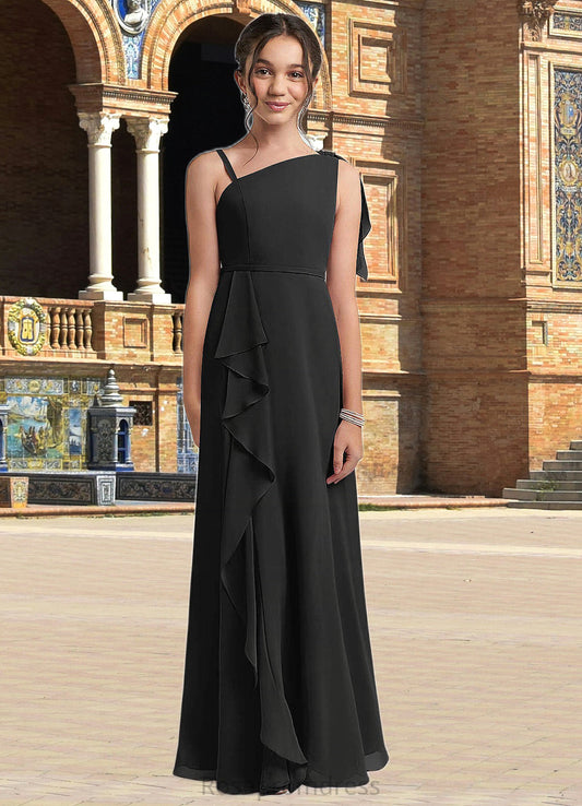 Stacy A-Line Bow Chiffon Floor-Length Junior Bridesmaid Dress black SRSP0022850