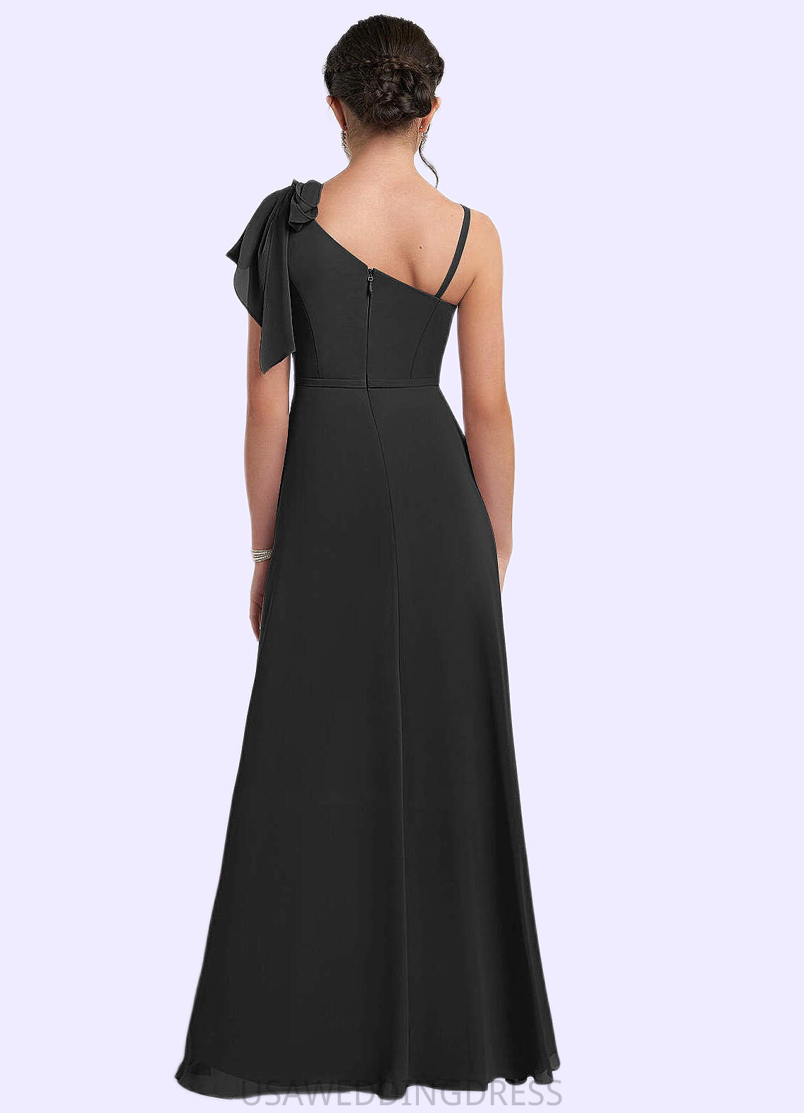 Brynlee A-Line Bow Chiffon Floor-Length Junior Bridesmaid Dress black DSP0022850